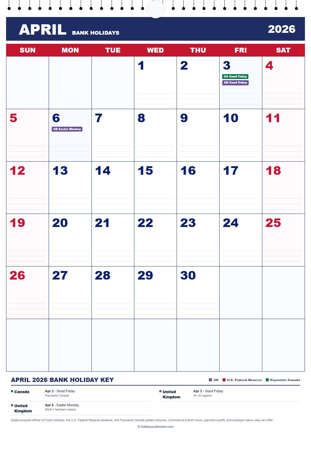 April 2026 Bank Holidays Calendar April 2026 bank holidays calendar showing Good Friday, Easter Monday for Canada, United Kingdom