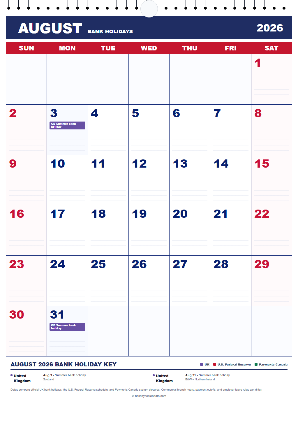 August 2026 Bank Holidays Calendar August 2026 bank holidays calendar showing Summer bank holiday for United Kingdom