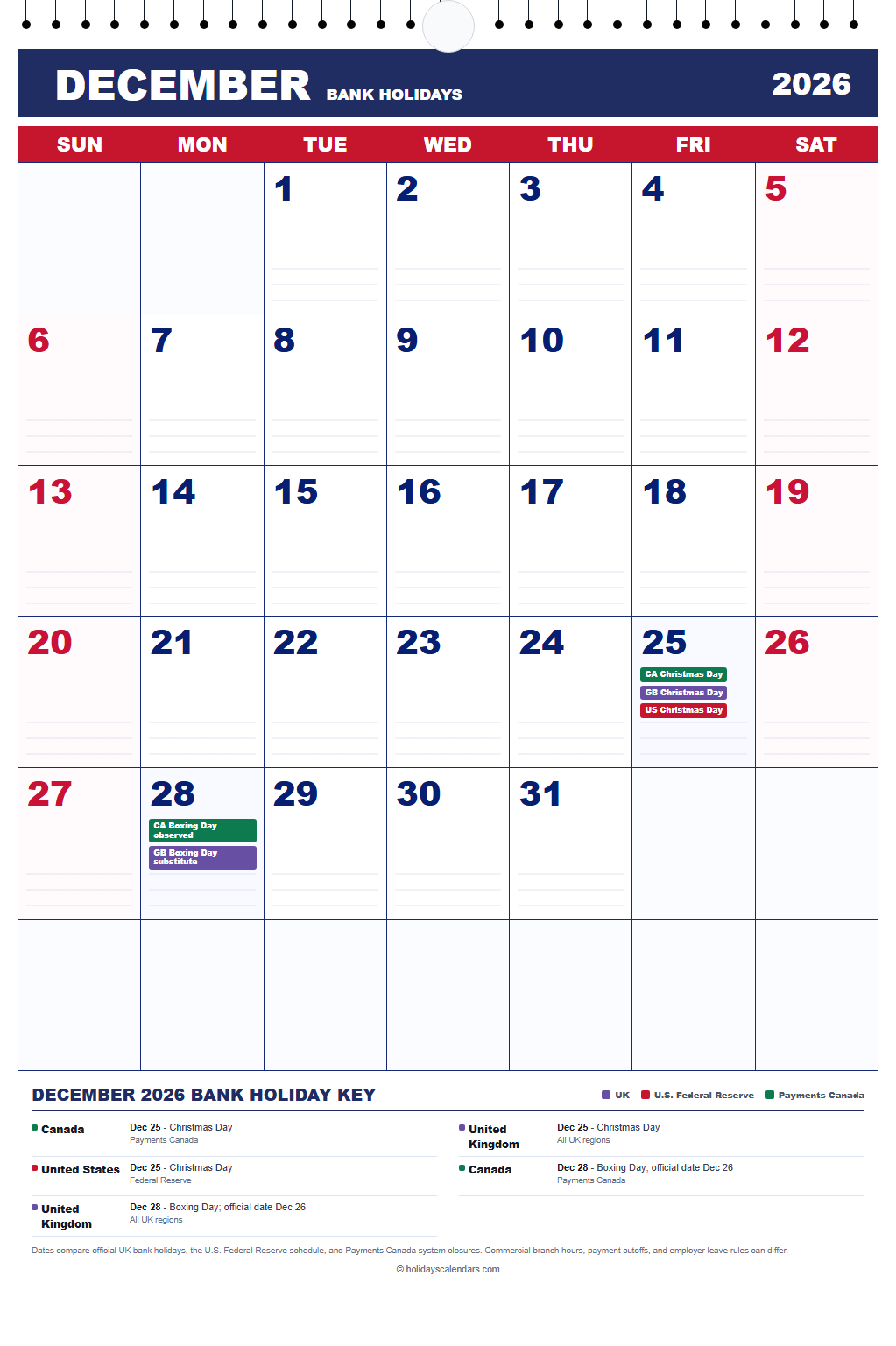 December 2026 Bank Holidays Calendar December 2026 bank holidays calendar showing Christmas Day, Boxing Day for Canada, United Kingdom, United States