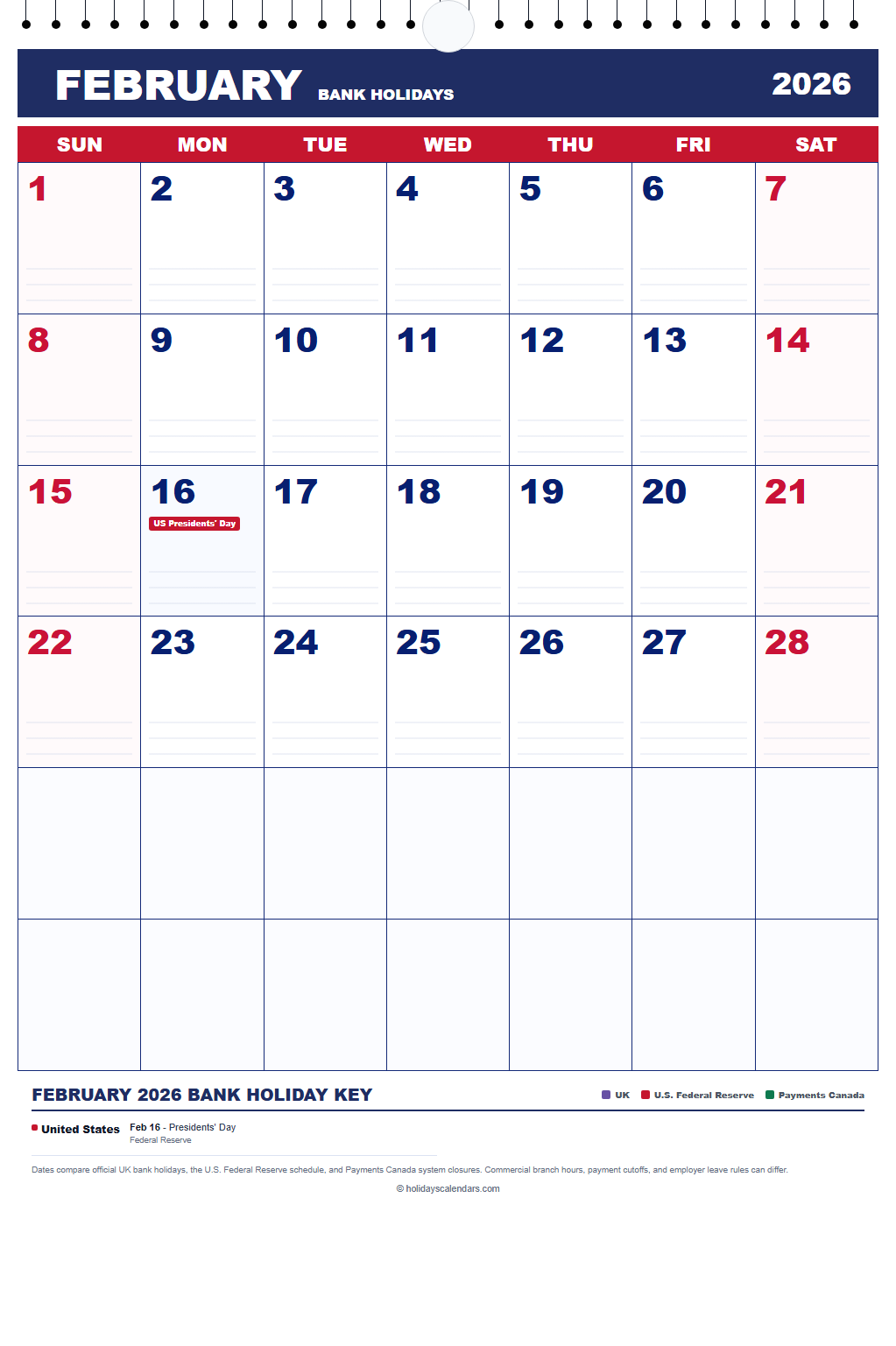 February 2026 Bank Holidays Calendar February 2026 bank holidays calendar showing Washington's Birthday for United States