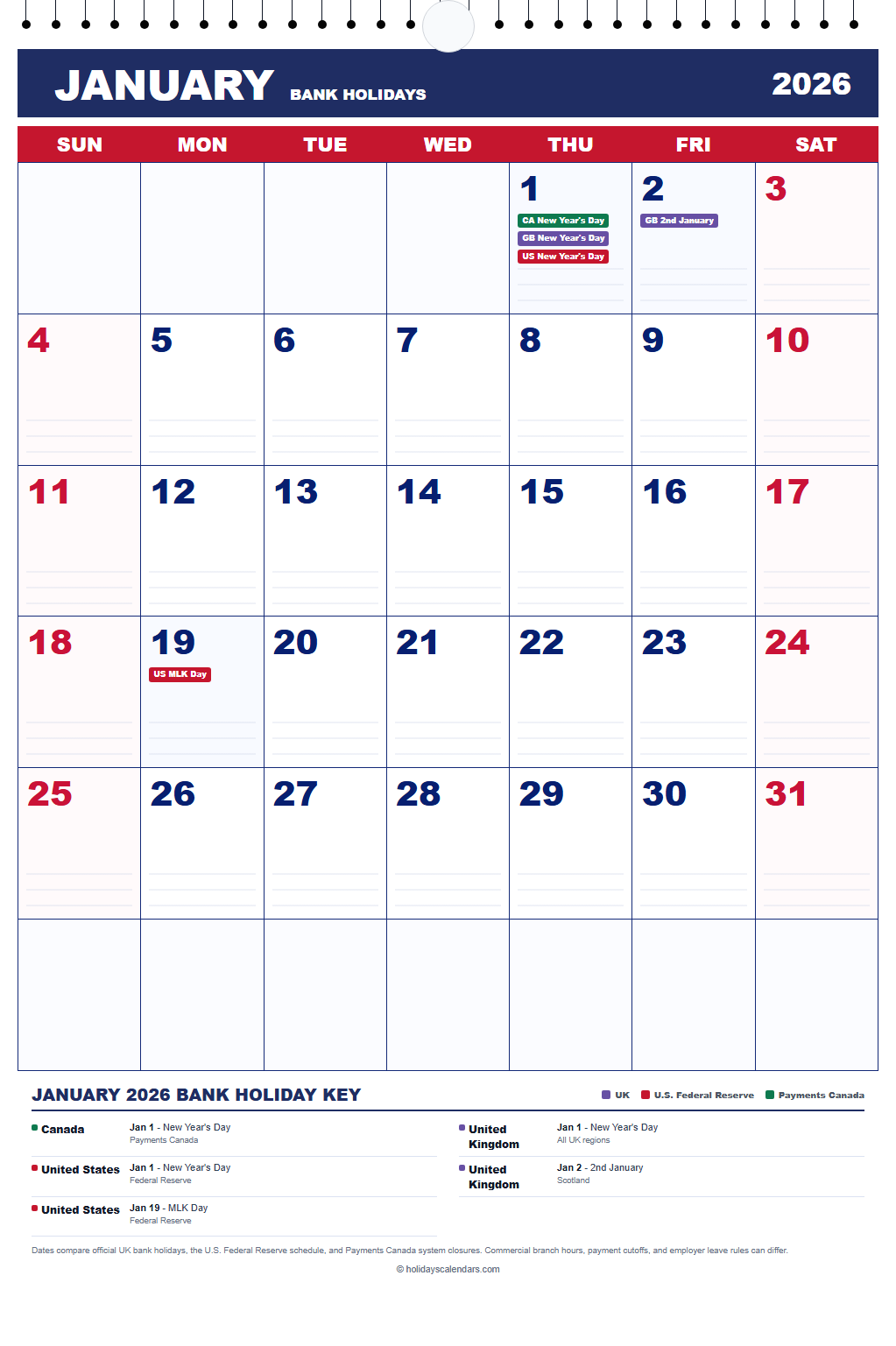 January 2026 Bank Holidays Calendar January 2026 bank holidays calendar showing New Year's Day, 2nd January, Martin Luther King Jr. Day for Canada, United Kingdom, United States