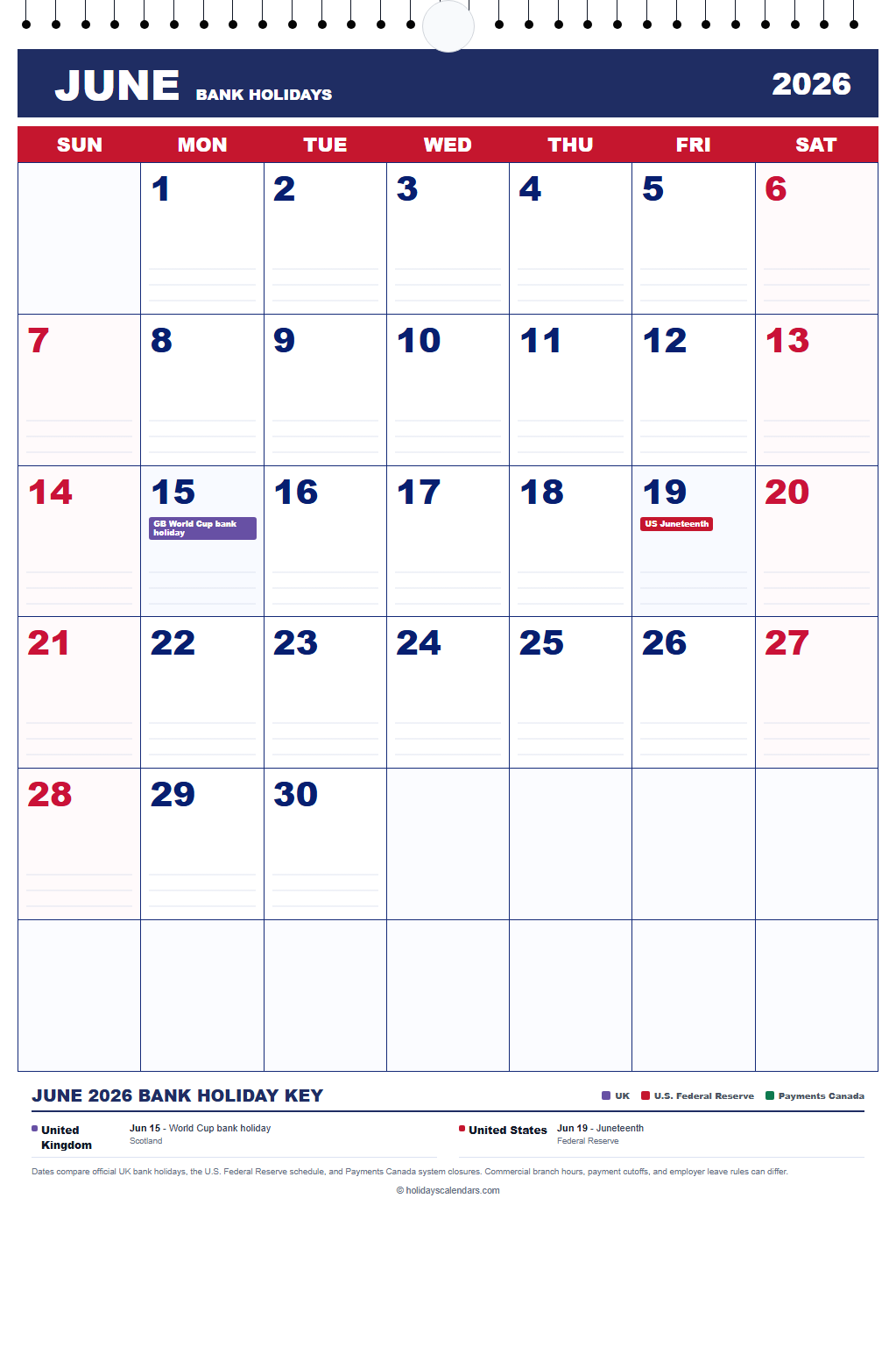 June 2026 Bank Holidays Calendar June 2026 bank holidays calendar showing World Cup bank holiday, Juneteenth National Independence Day for United Kingdom, United States