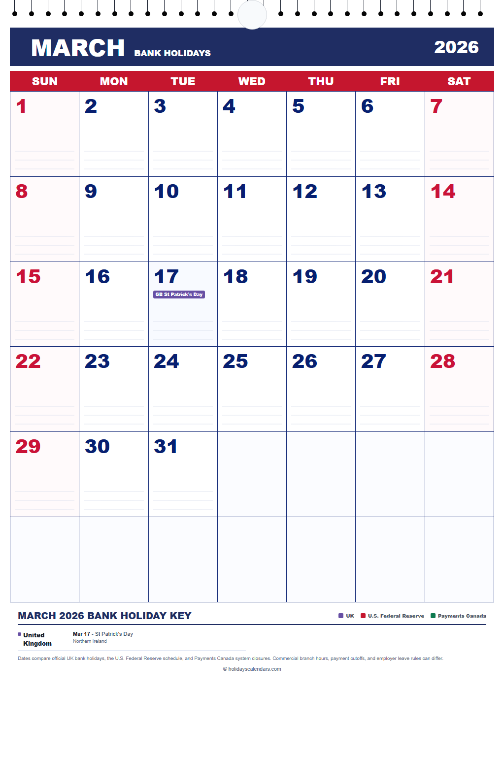 March 2026 Bank Holidays Calendar March 2026 bank holidays calendar showing St Patrick's Day for United Kingdom