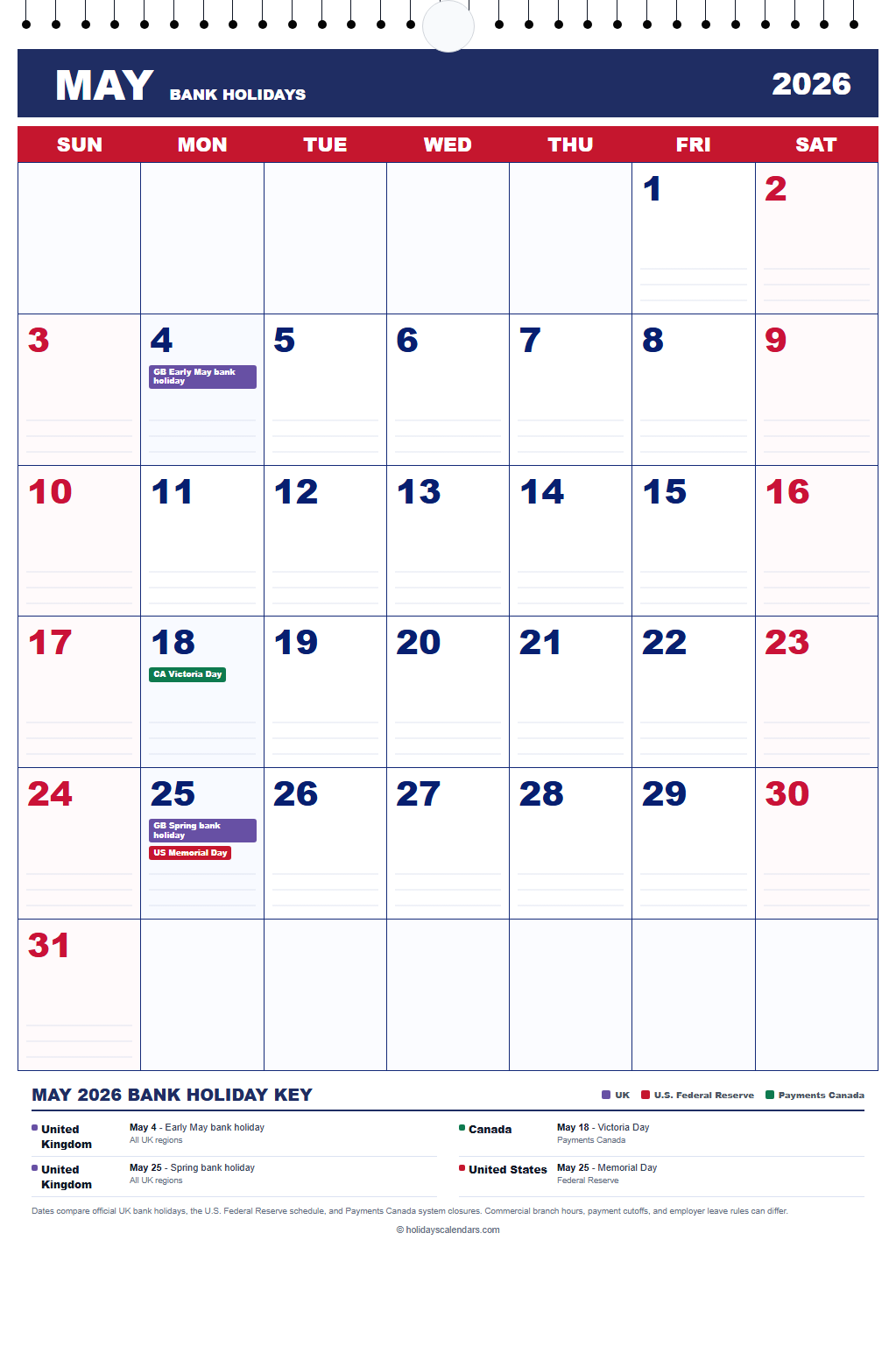 May 2026 Bank Holidays Calendar May 2026 bank holidays calendar showing Early May bank holiday, Victoria Day, Spring bank holiday and other dates for United Kingdom, Canada, United States
