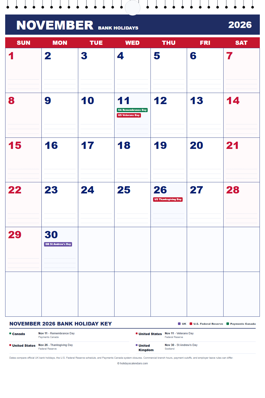 November 2026 Bank Holidays Calendar November 2026 bank holidays calendar showing Remembrance Day, Veterans Day, Thanksgiving Day and other dates for Canada, United States, United Kingdom