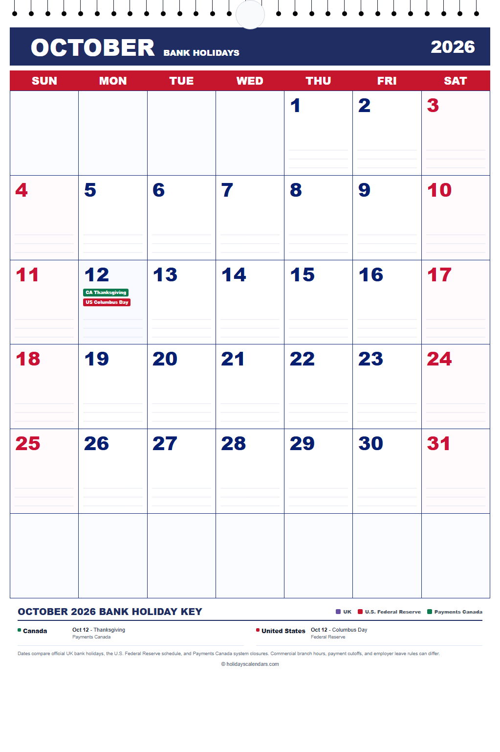 October 2026 Bank Holidays Calendar October 2026 bank holidays calendar showing Thanksgiving, Columbus Day for Canada, United States