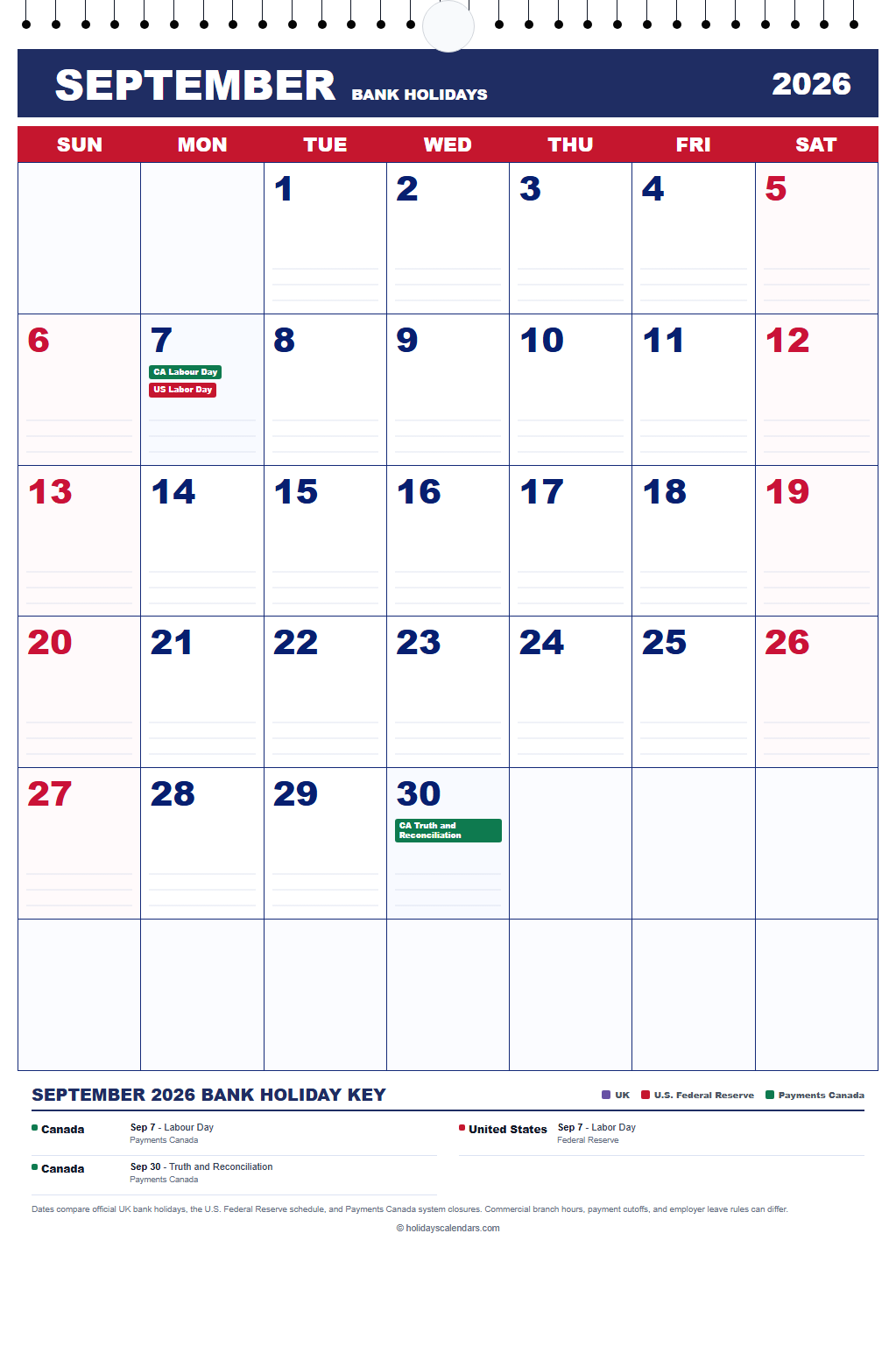 September 2026 Bank Holidays Calendar September 2026 bank holidays calendar showing Labour Day, Labor Day, National Day for Truth and Reconciliation for Canada, United States