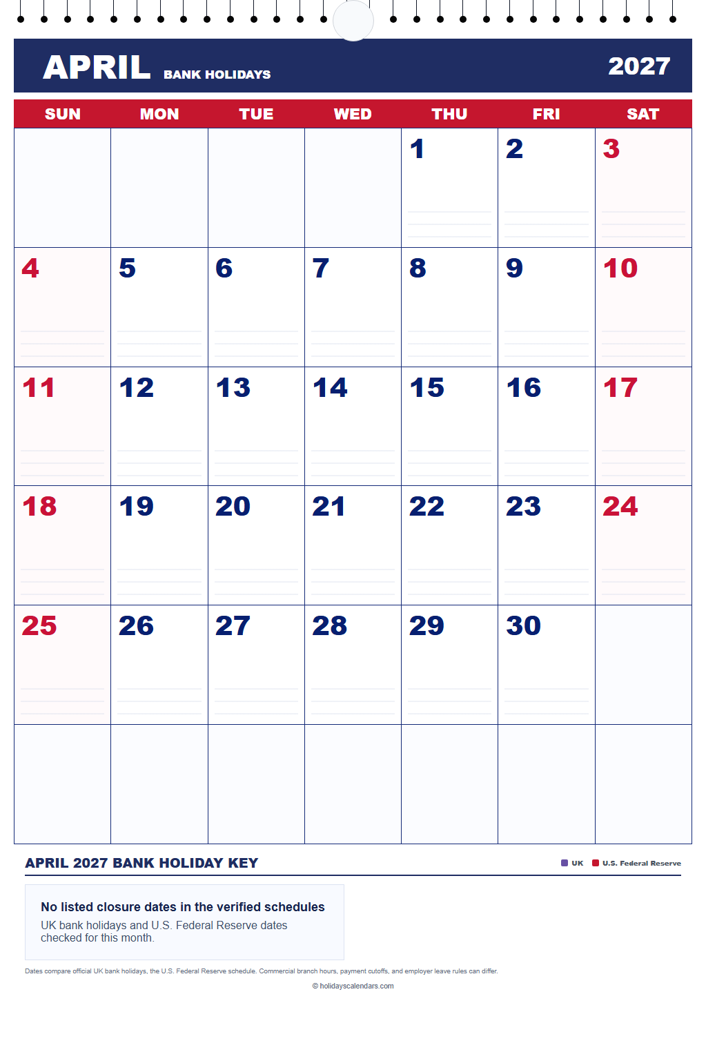 April 2027 Bank Holidays Calendar April 2027 bank holidays calendar with no listed UK or U.S. Federal Reserve closure dates