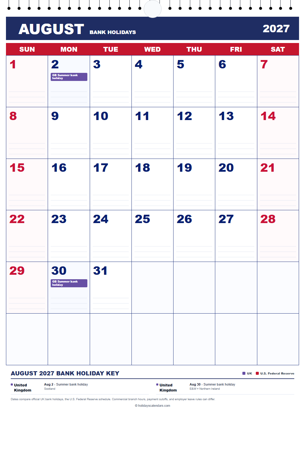 August 2027 Bank Holidays Calendar August 2027 bank holidays calendar showing Summer bank holiday for United Kingdom
