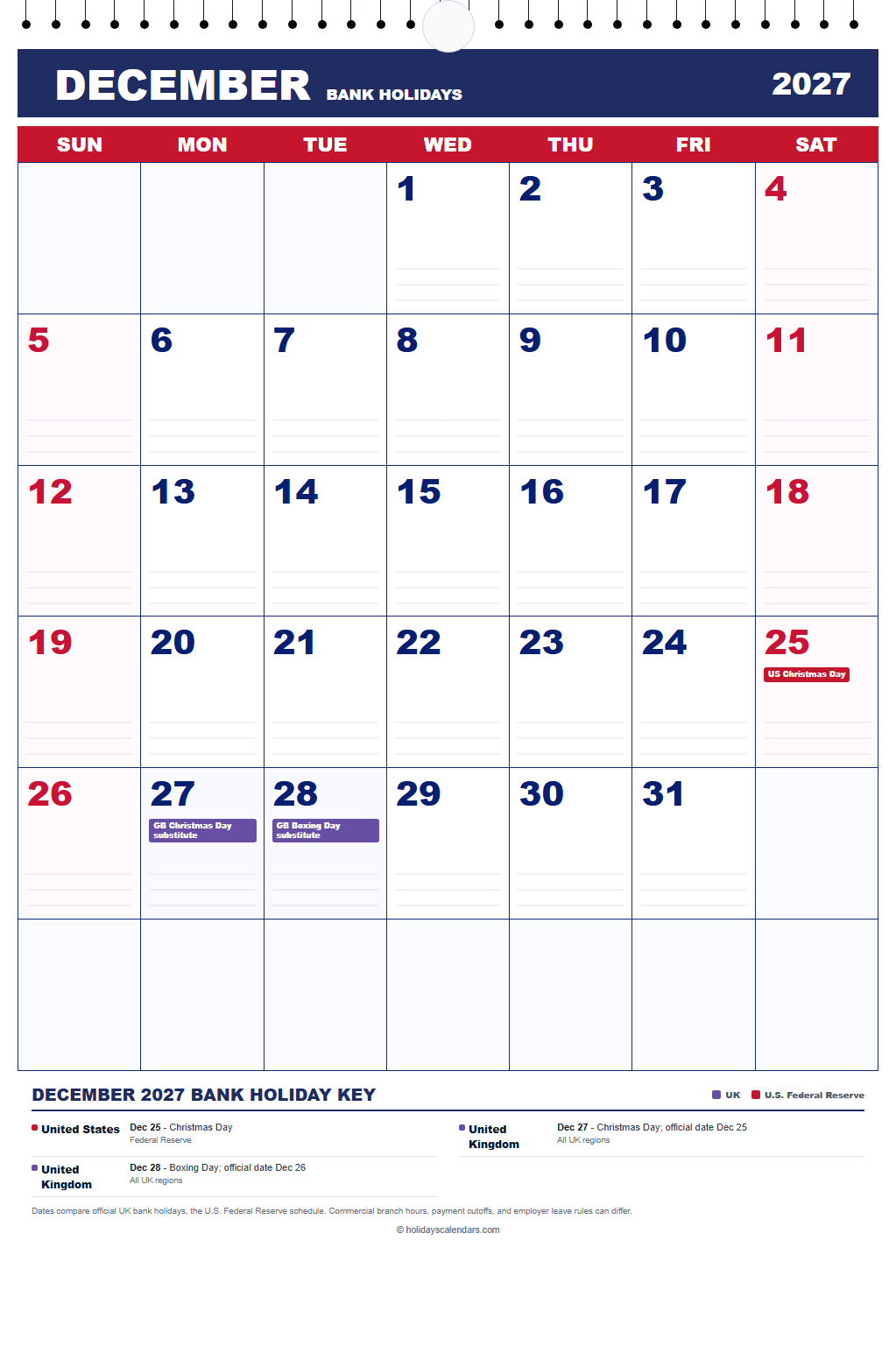 December 2027 Bank Holidays Calendar December 2027 bank holidays calendar showing Christmas Day, Boxing Day for United States, United Kingdom