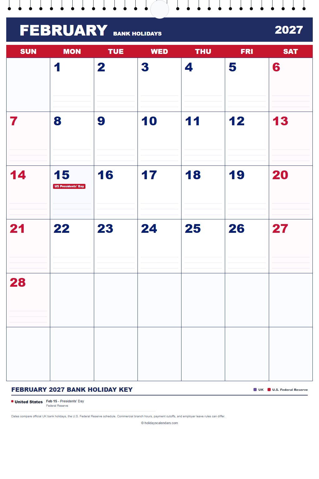 February 2027 Bank Holidays Calendar February 2027 bank holidays calendar showing Washington's Birthday for United States