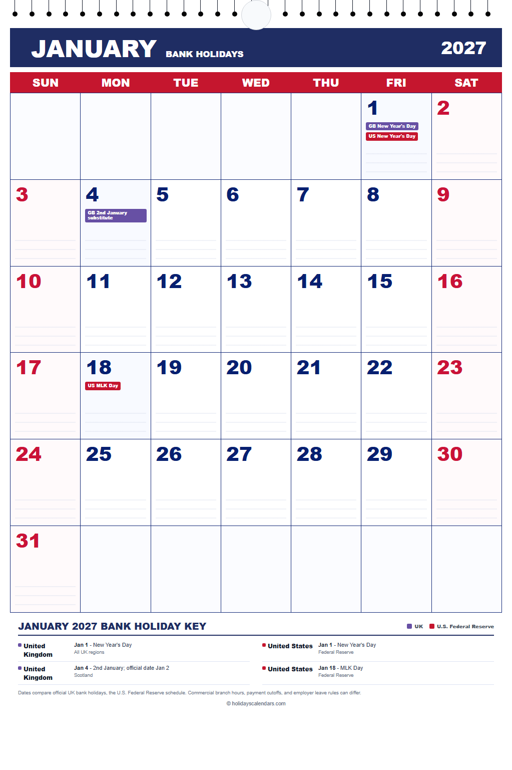 January 2027 Bank Holidays Calendar January 2027 bank holidays calendar showing New Year's Day, 2nd January, Martin Luther King Jr. Day for United Kingdom, United States