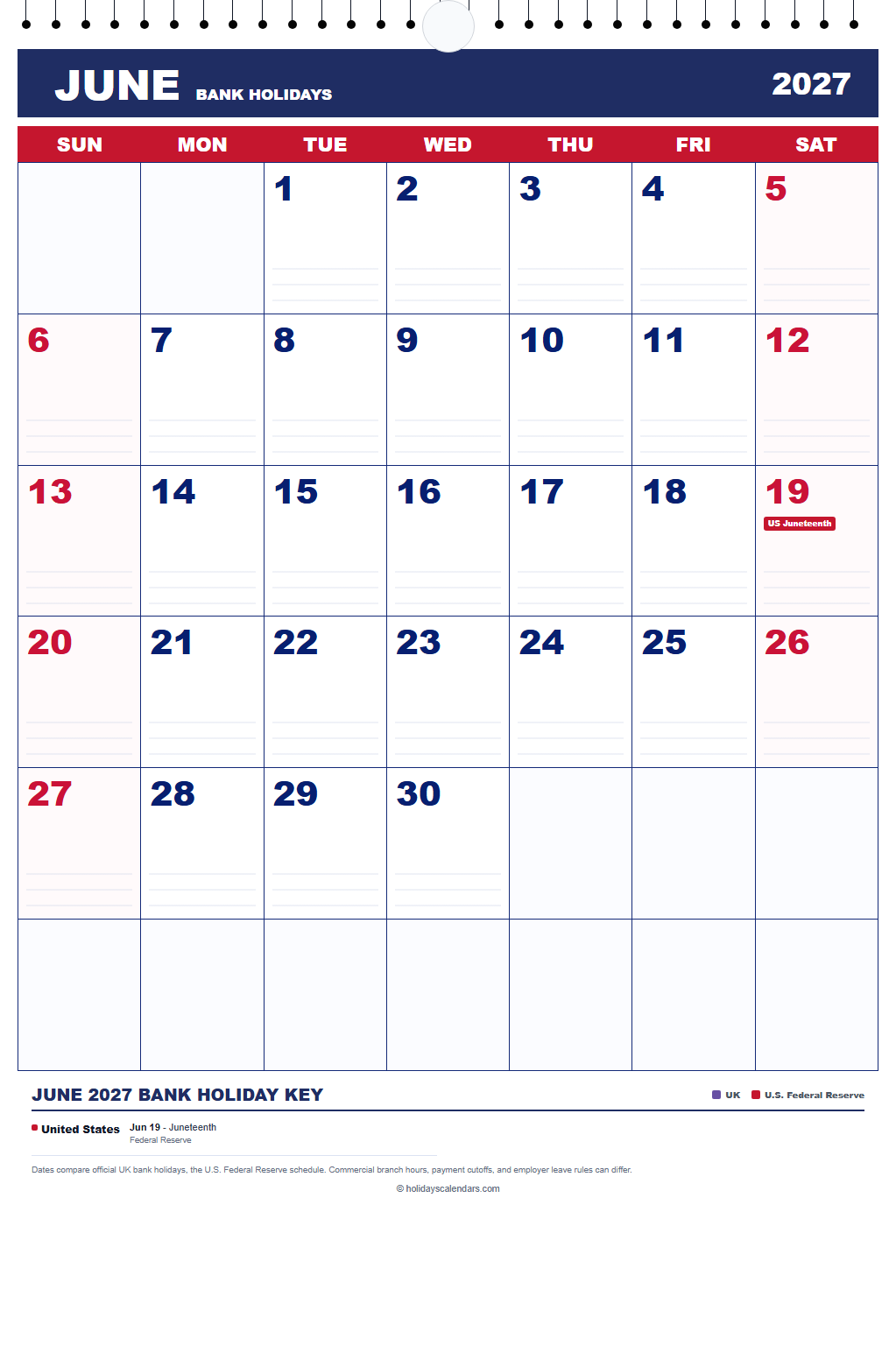 June 2027 Bank Holidays Calendar June 2027 bank holidays calendar showing Juneteenth National Independence Day for United States