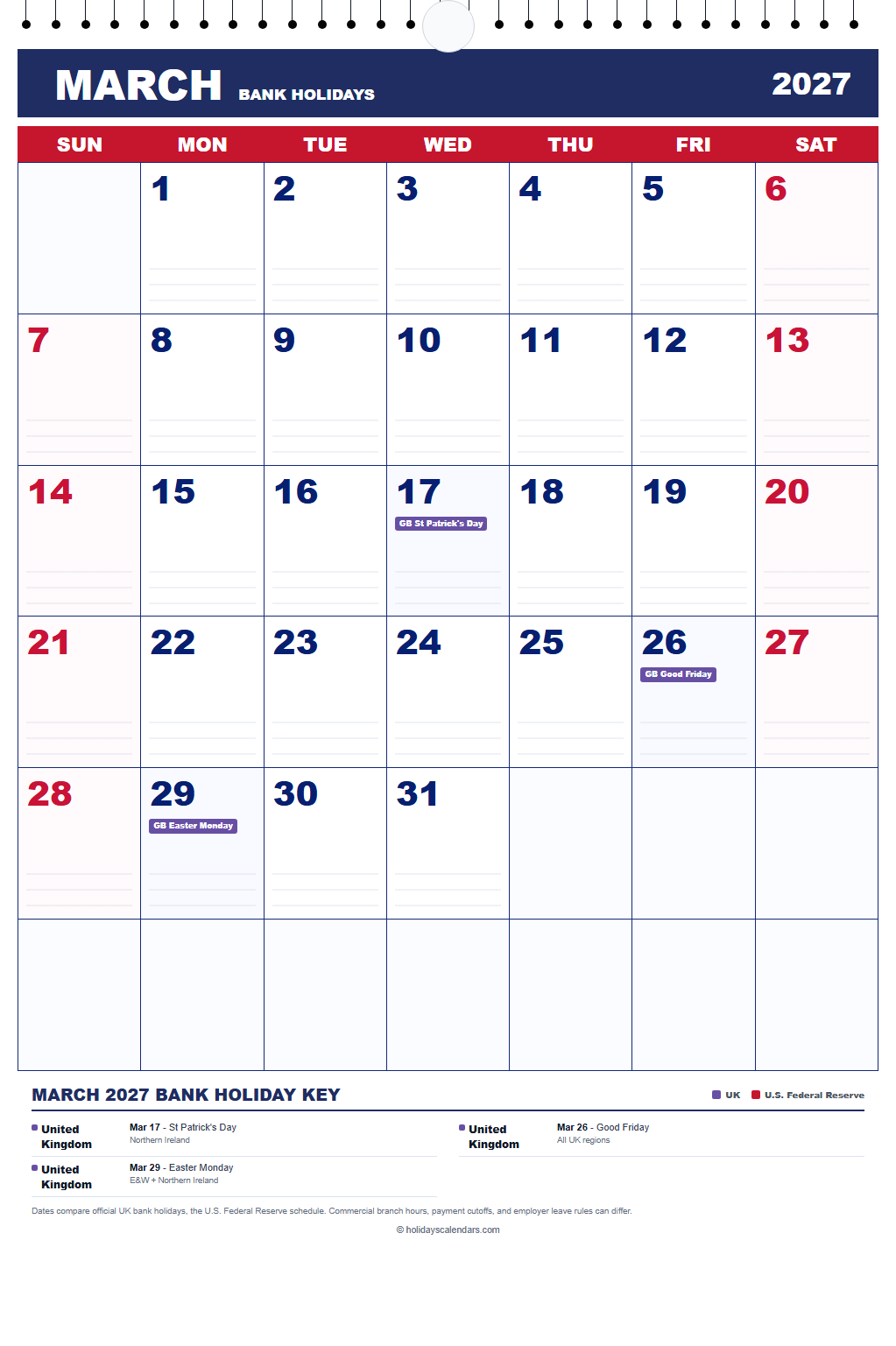 March 2027 Bank Holidays Calendar March 2027 bank holidays calendar showing St Patrick's Day, Good Friday, Easter Monday for United Kingdom