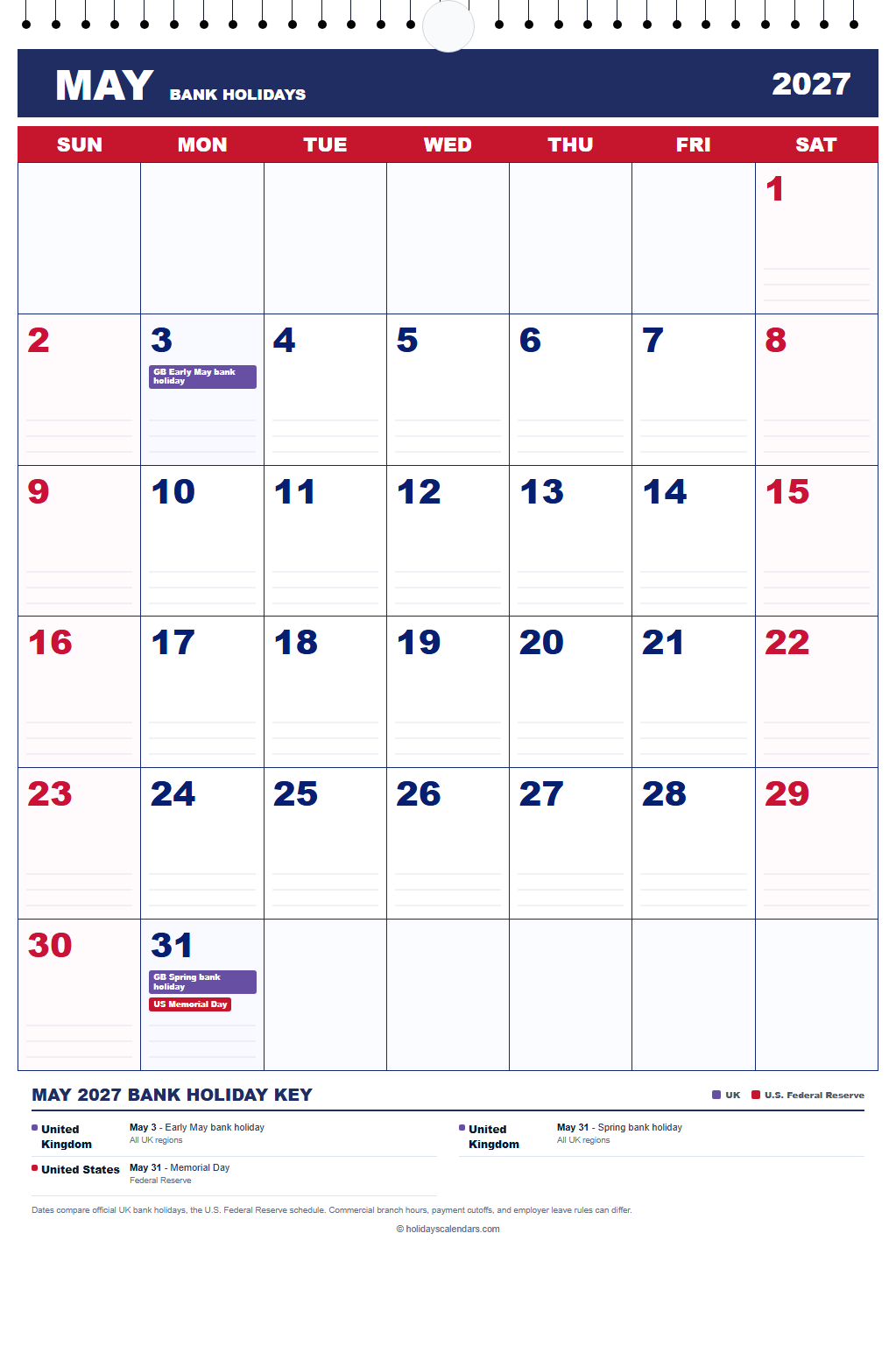 May 2027 Bank Holidays Calendar May 2027 bank holidays calendar showing Early May bank holiday, Spring bank holiday, Memorial Day for United Kingdom, United States