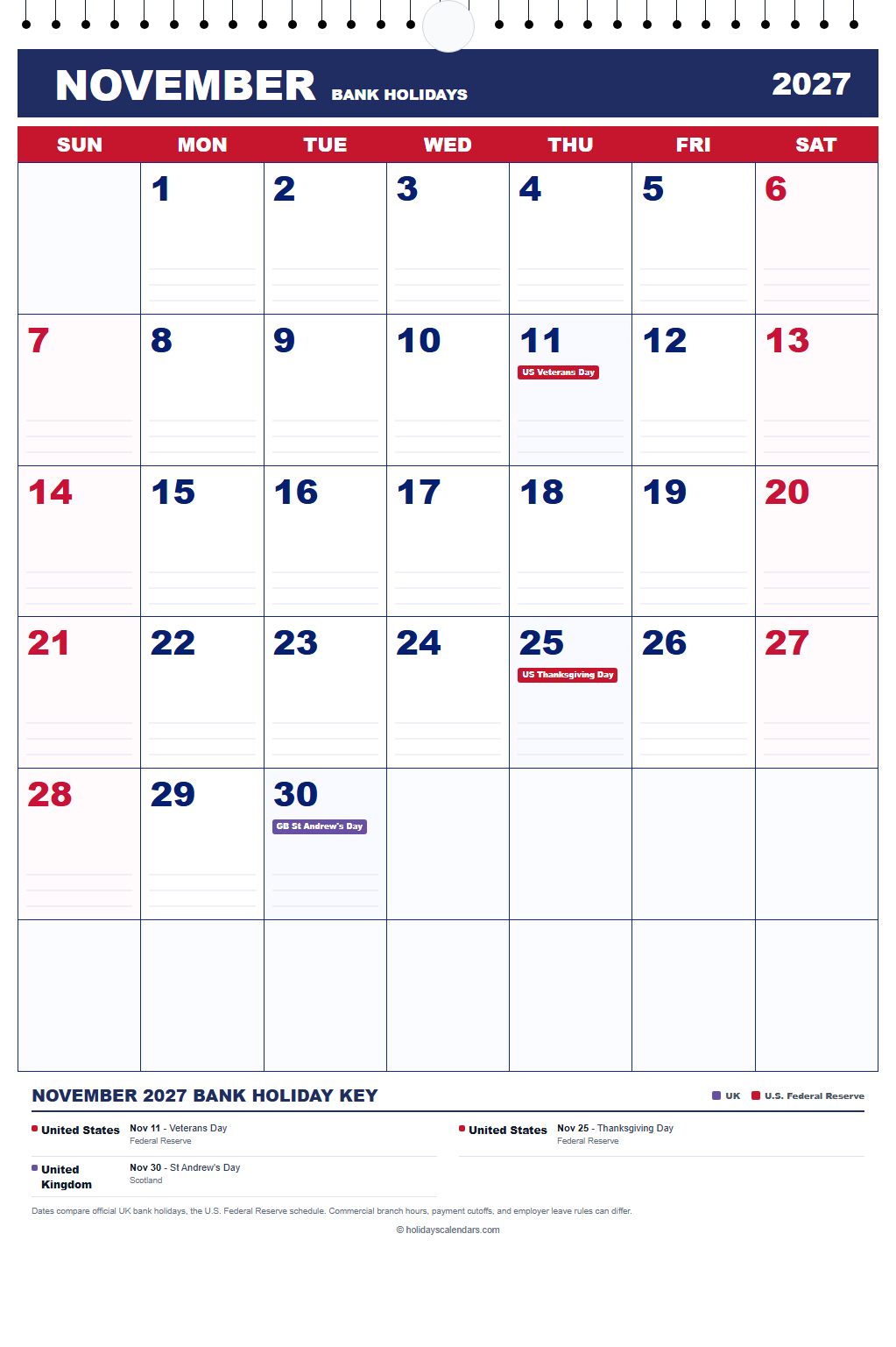 November 2027 Bank Holidays Calendar November 2027 bank holidays calendar showing Veterans Day, Thanksgiving Day, St Andrew's Day for United States, United Kingdom