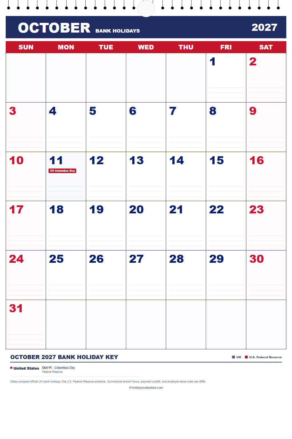 October 2027 Bank Holidays Calendar October 2027 bank holidays calendar showing Columbus Day for United States