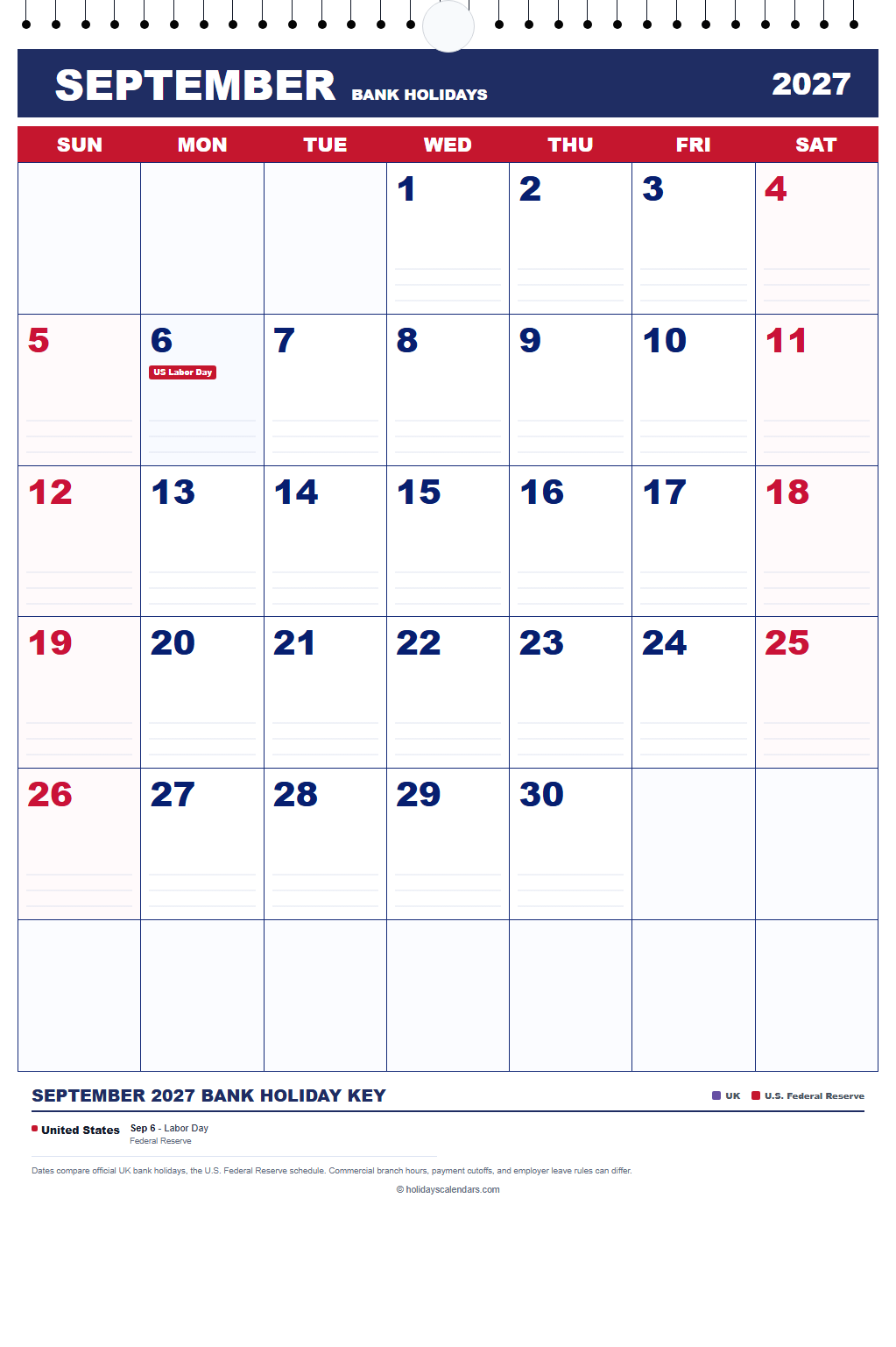 September 2027 Bank Holidays Calendar September 2027 bank holidays calendar showing Labor Day for United States