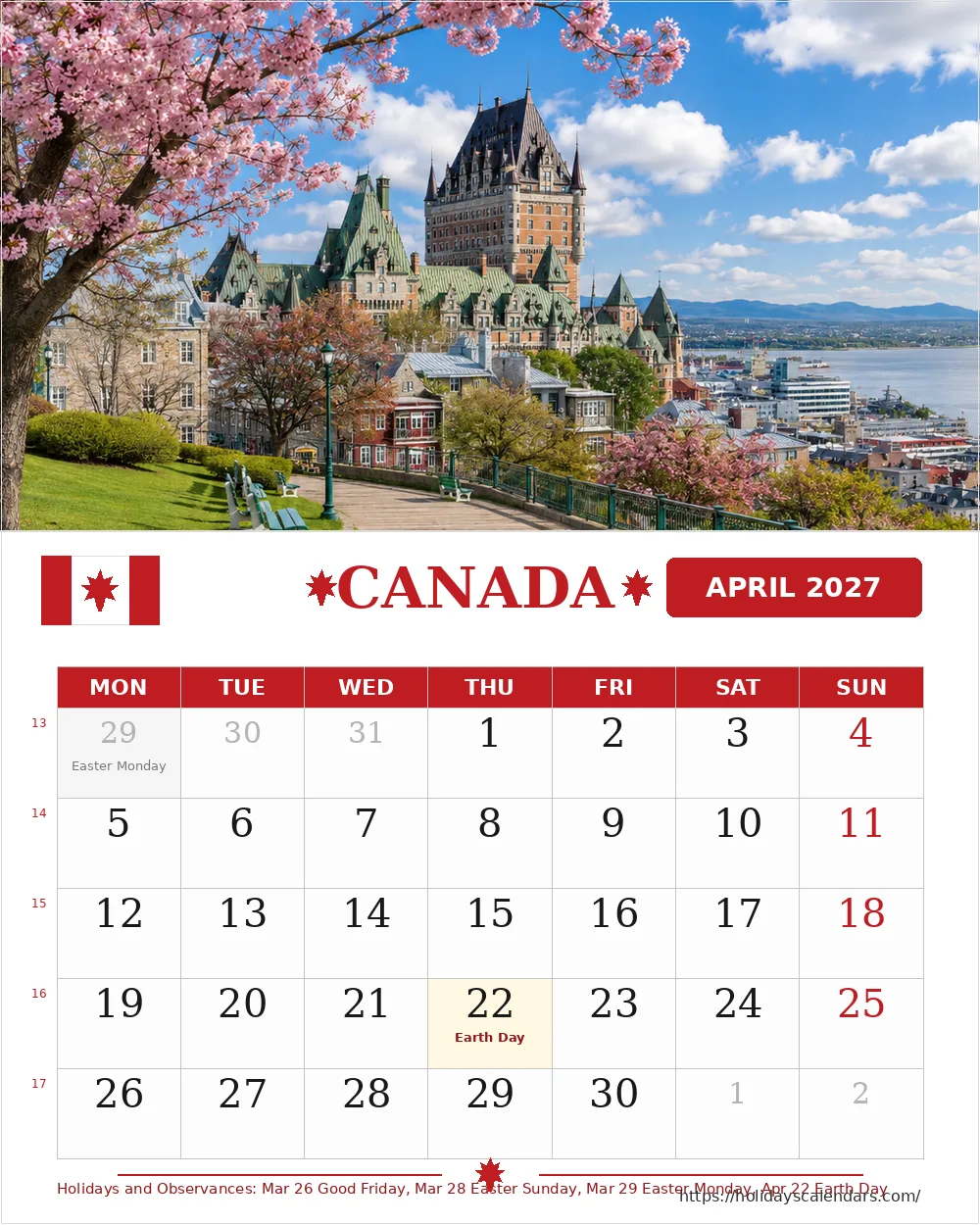 Canada public holidays April 2027 calendar image with statutory and provincial holiday dates highlighted