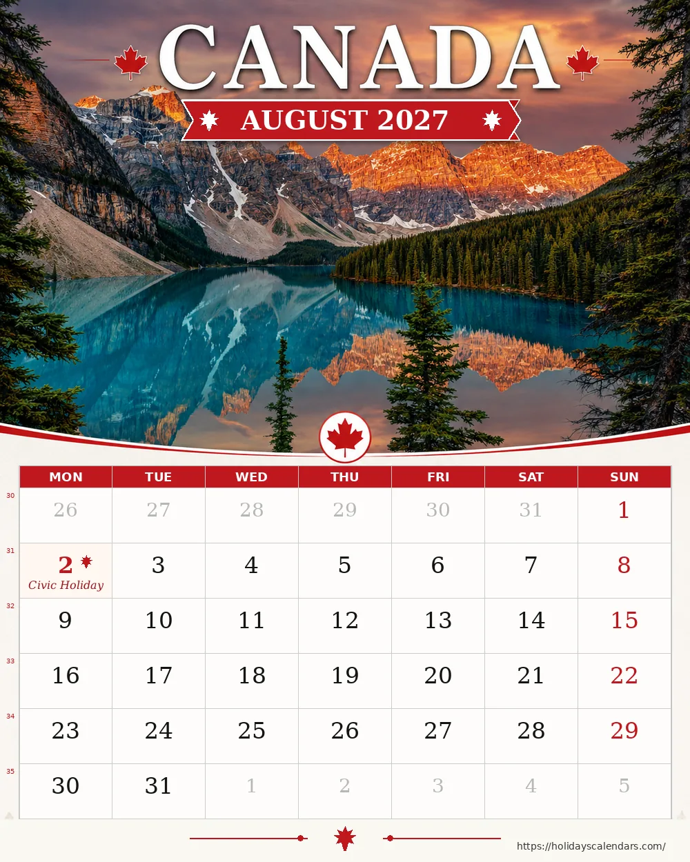 Canada public holidays August 2027 calendar image with statutory and provincial holiday dates highlighted