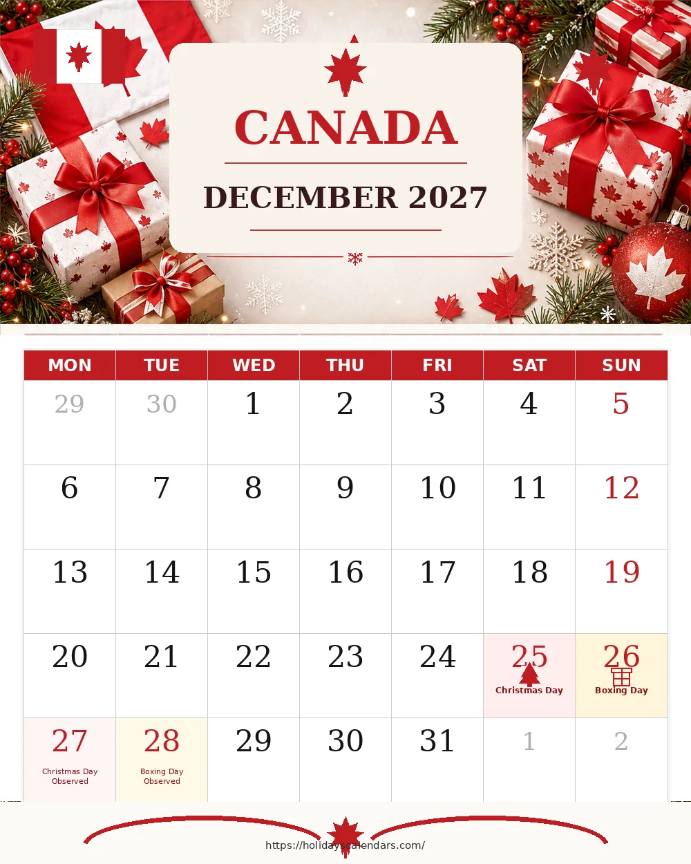 Canada public holidays December 2027 calendar image with statutory and provincial holiday dates highlighted