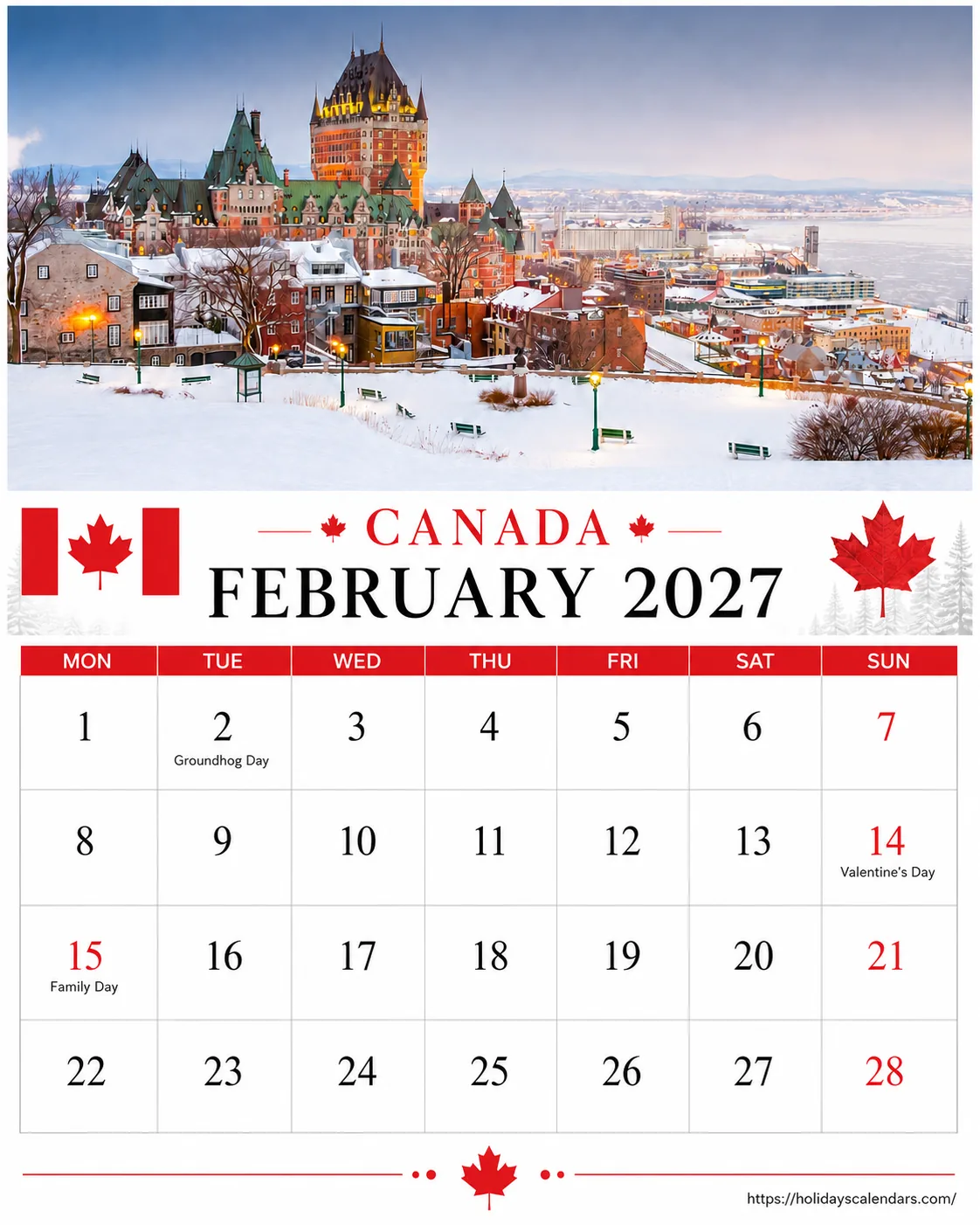 Canada public holidays February 2027 calendar image with statutory and provincial holiday dates highlighted