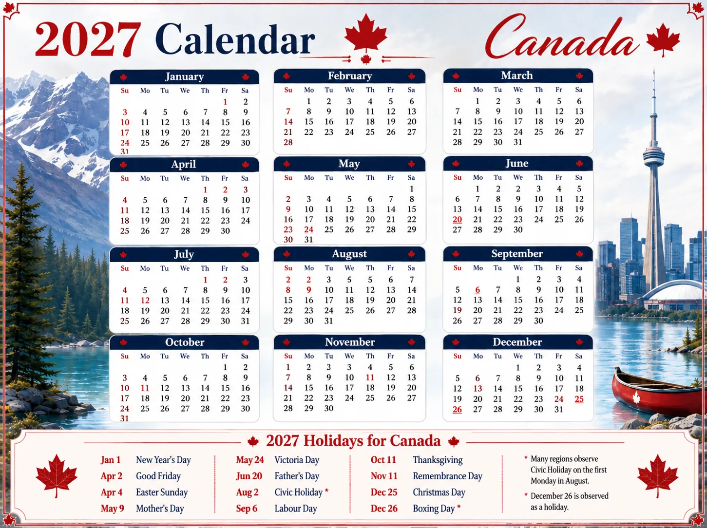 Canada public holidays 2027 full year calendar image with statutory federal and provincial holiday markers