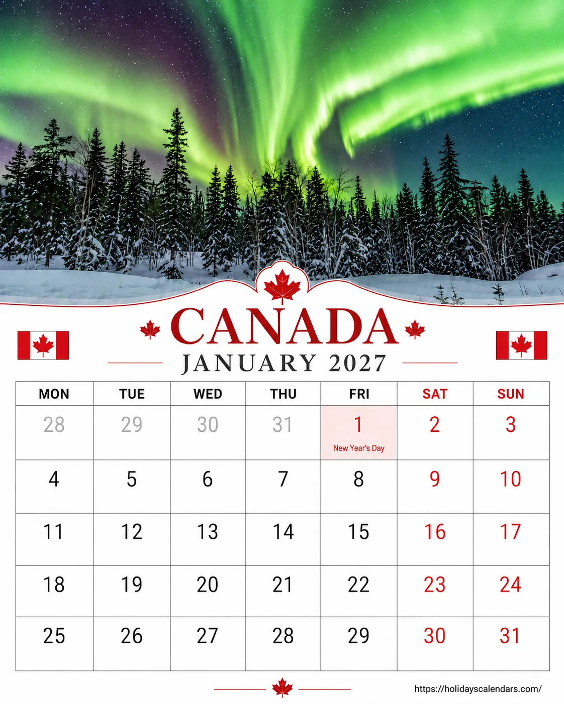 Canada public holidays January 2027 calendar image with New Year's Day highlighted