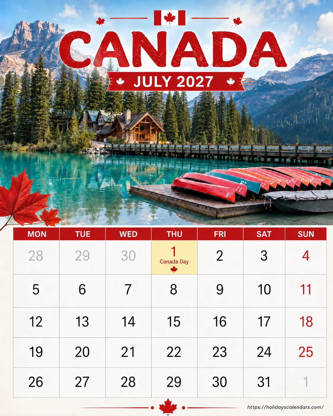 Canada public holidays July 2027 calendar image with statutory and provincial holiday dates highlighted