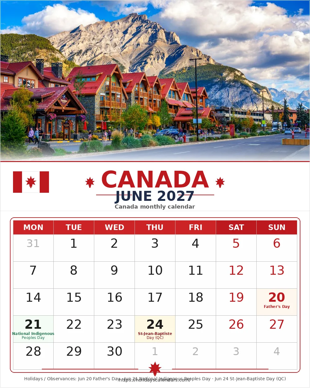 Canada public holidays June 2027 calendar image with statutory and provincial holiday dates highlighted