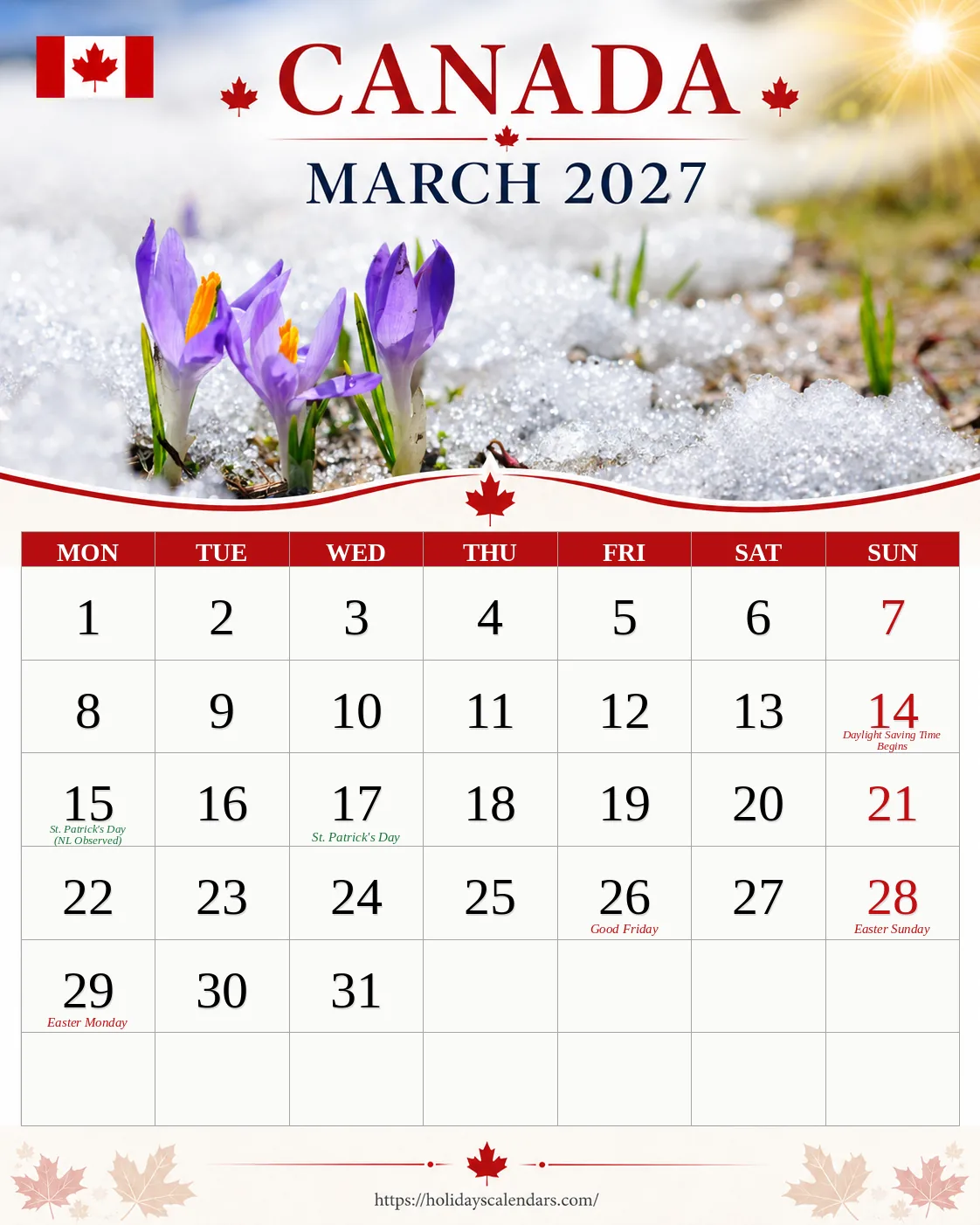 Canada public holidays March 2027 calendar image with statutory and provincial holiday dates highlighted