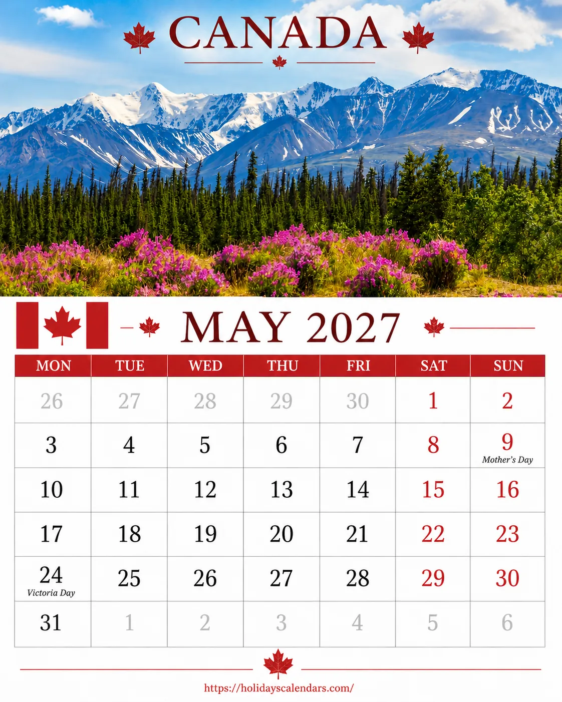 Canada public holidays May 2027 calendar image with statutory and provincial holiday dates highlighted