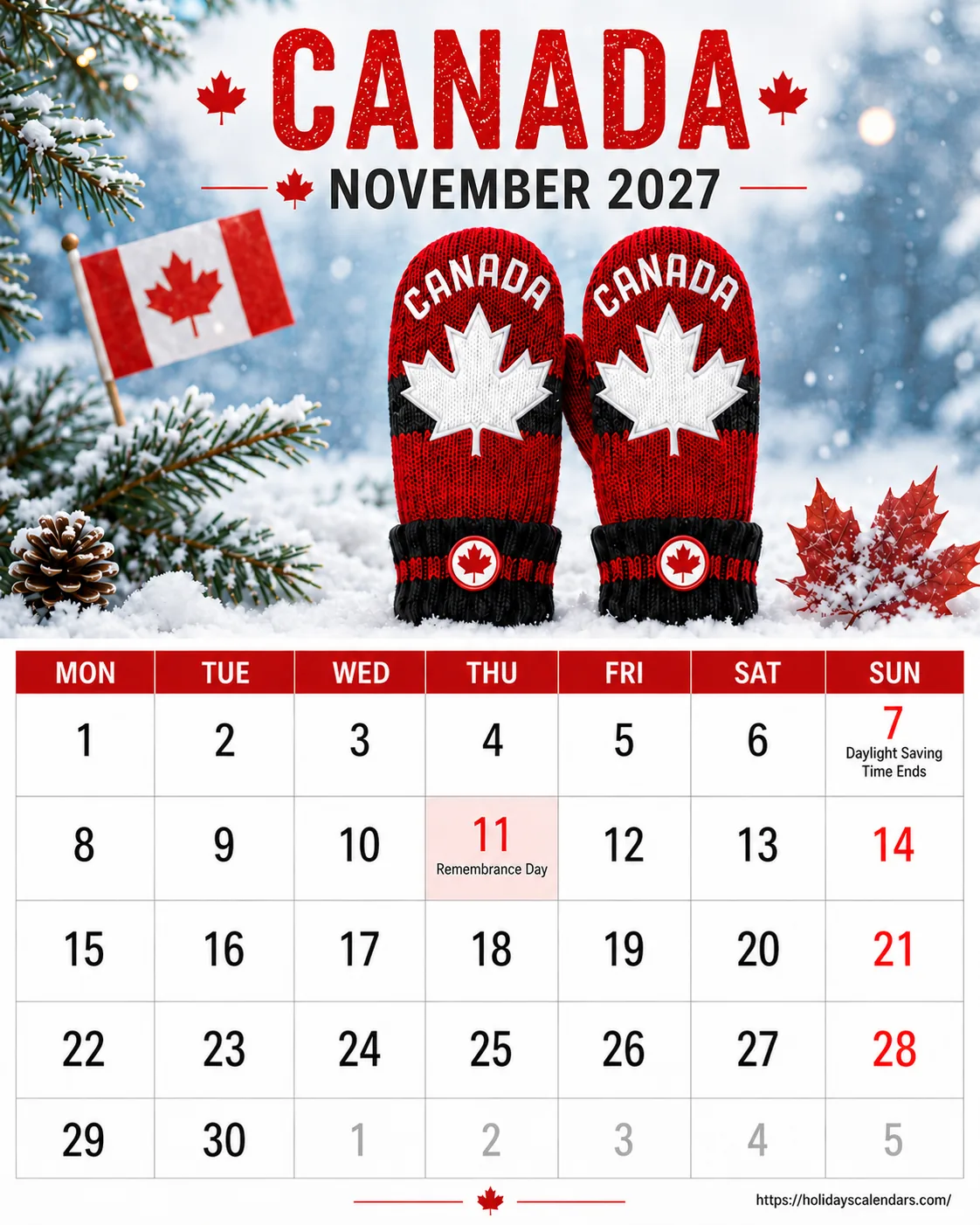 Canada public holidays November 2027 calendar image with statutory and provincial holiday dates highlighted