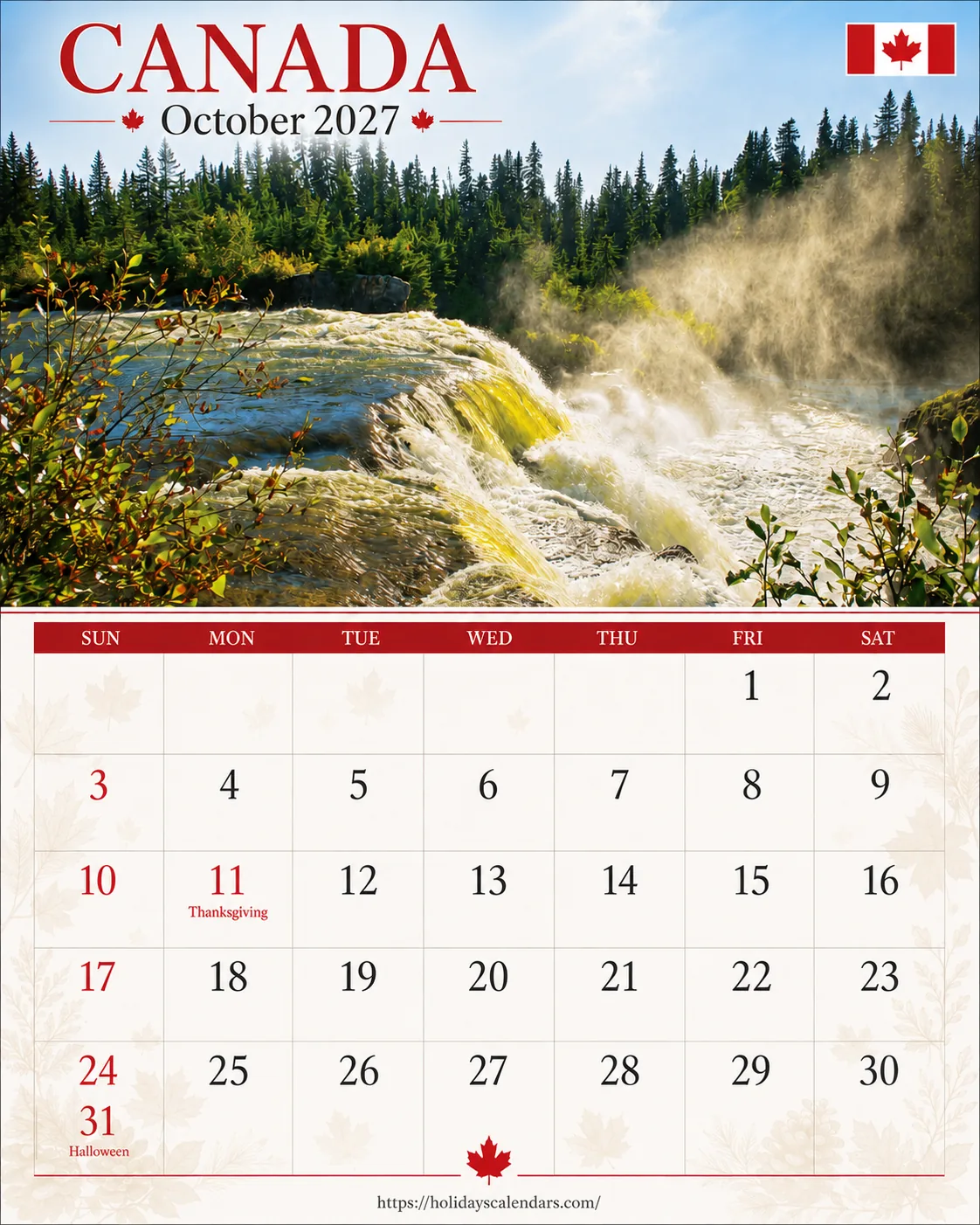 Canada public holidays October 2027 calendar image with statutory and provincial holiday dates highlighted