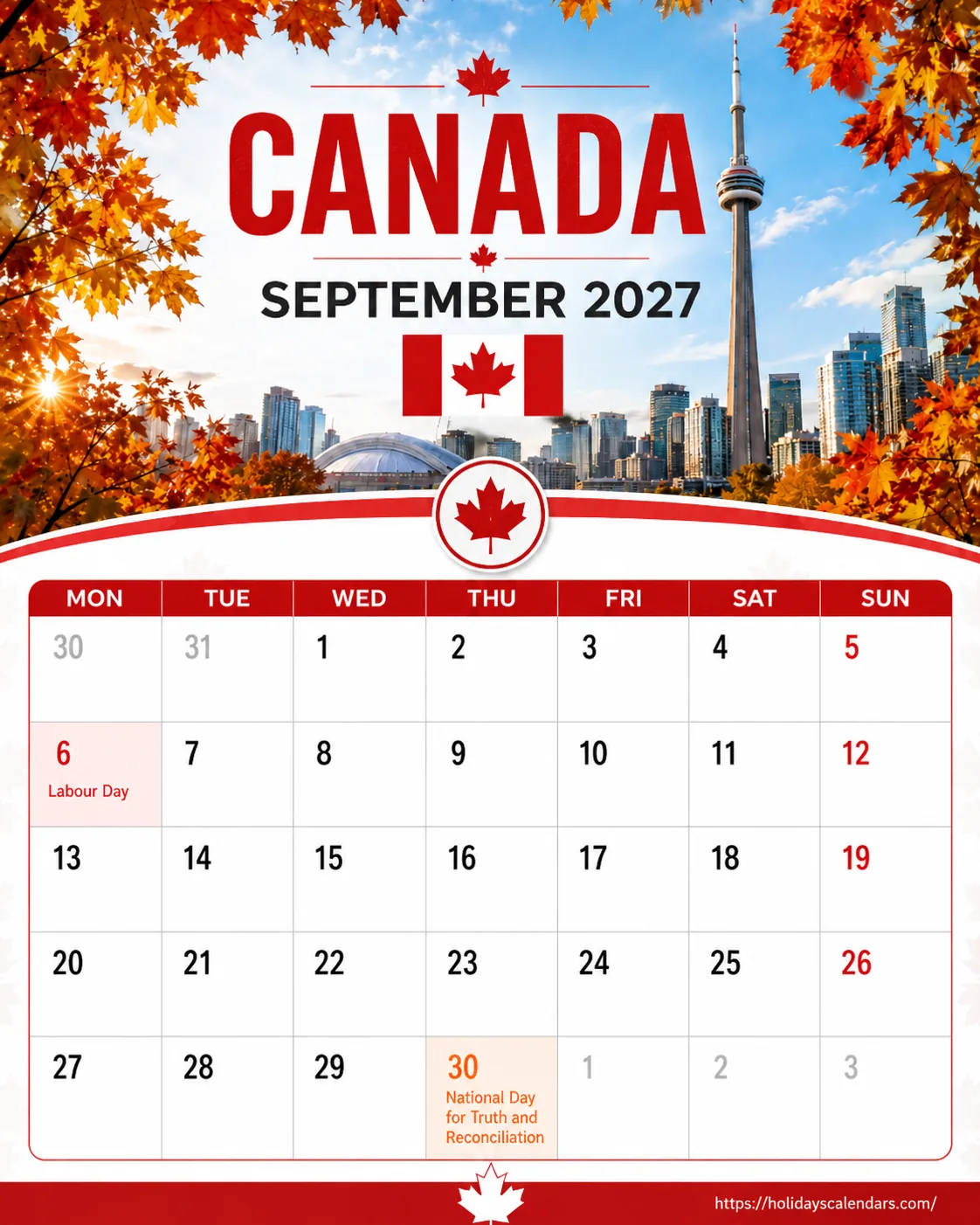 Canada public holidays September 2027 calendar image with statutory and provincial holiday dates highlighted