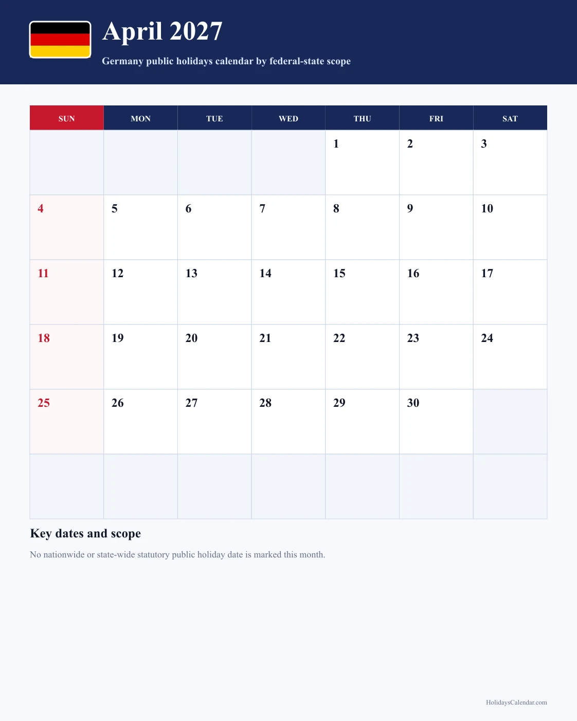 Germany April 2027 Public Holidays Calendar Germany public holidays April 2027 calendar with no nationwide or state-wide statutory holiday date marked