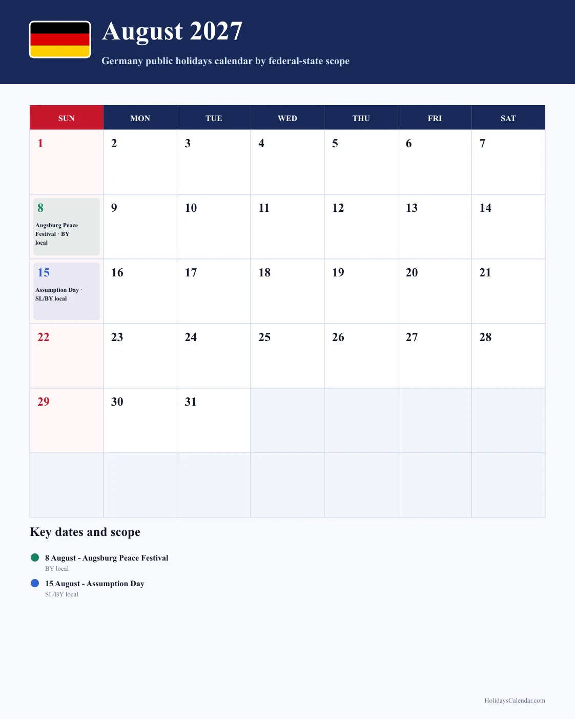 Germany August 2027 Public Holidays Calendar Germany public holidays August 2027 calendar with Augsburg Peace Festival (City of Augsburg, Bavaria), Assumption Day (SL), and Assumption Day (BY local areas)