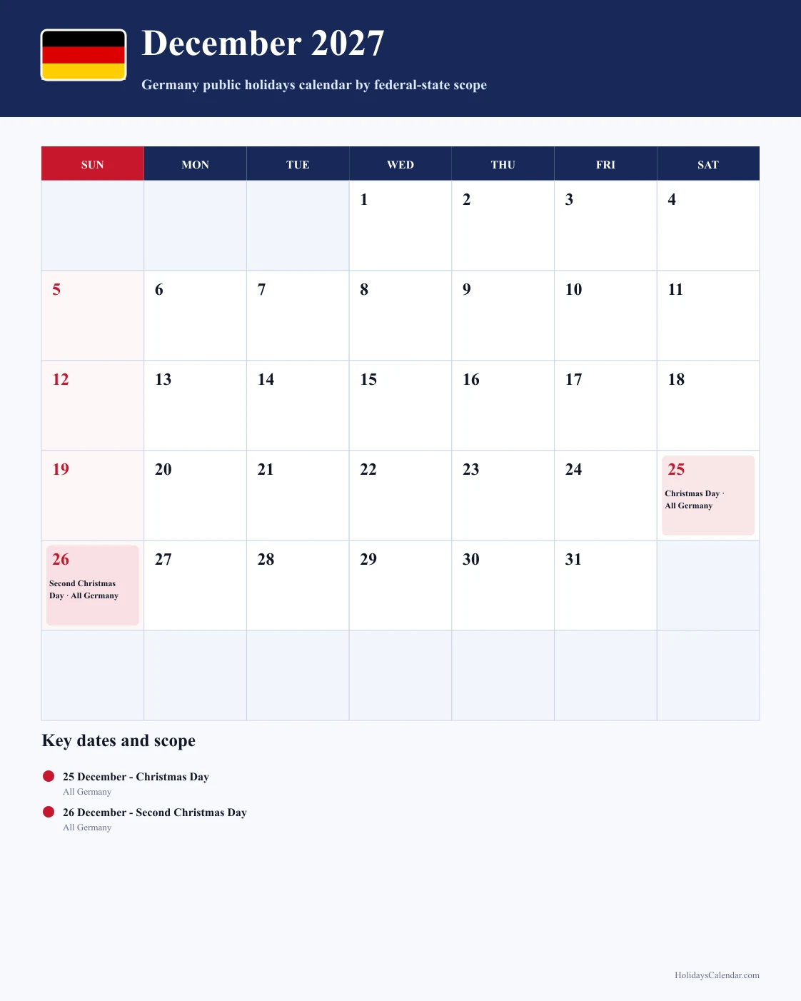 Germany December 2027 Public Holidays Calendar Germany public holidays December 2027 calendar with Christmas Day (all 16 federal states) and Second Day of Christmas (all 16 federal states)