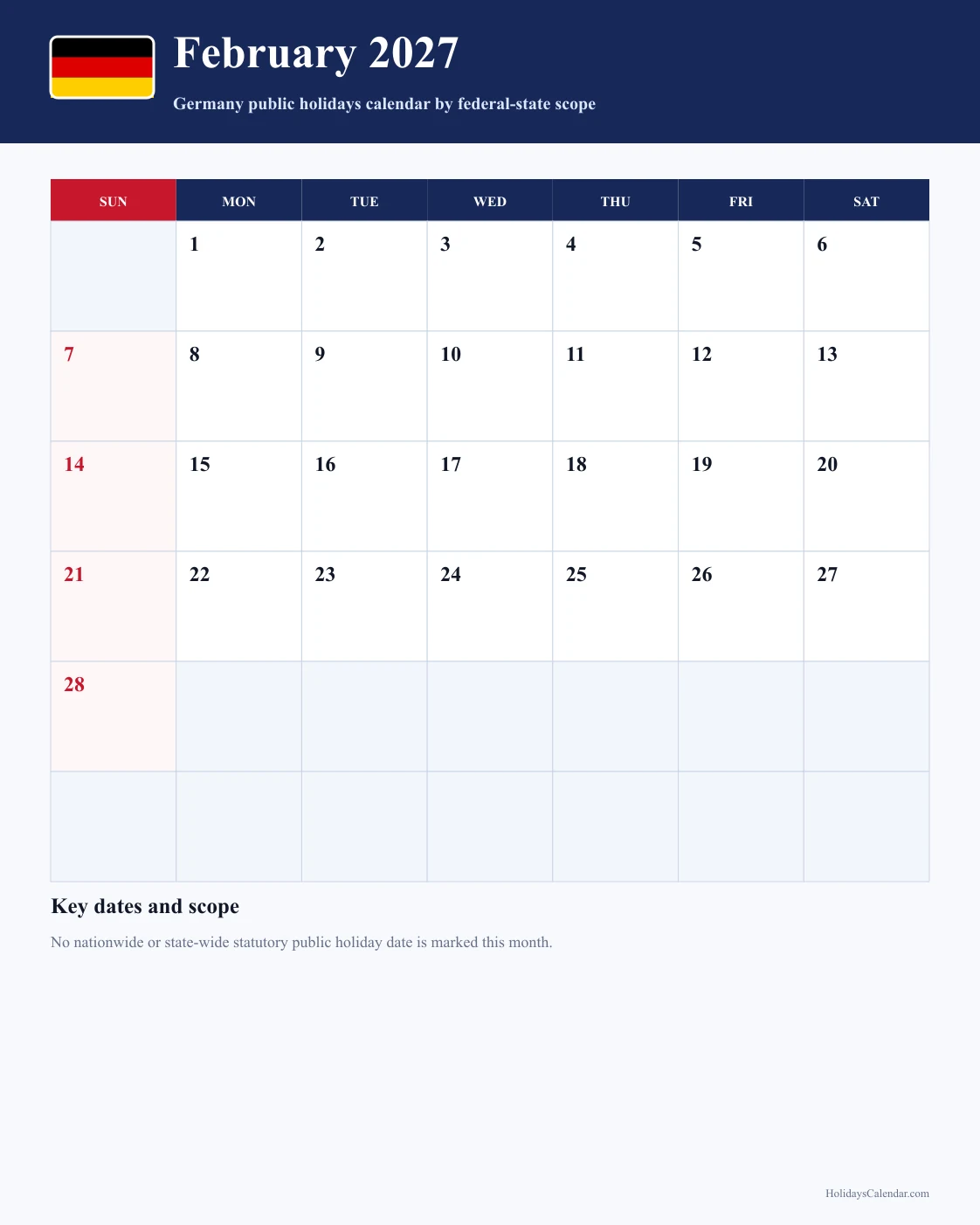 Germany February 2027 Public Holidays Calendar Germany public holidays February 2027 calendar with no nationwide or state-wide statutory holiday date marked