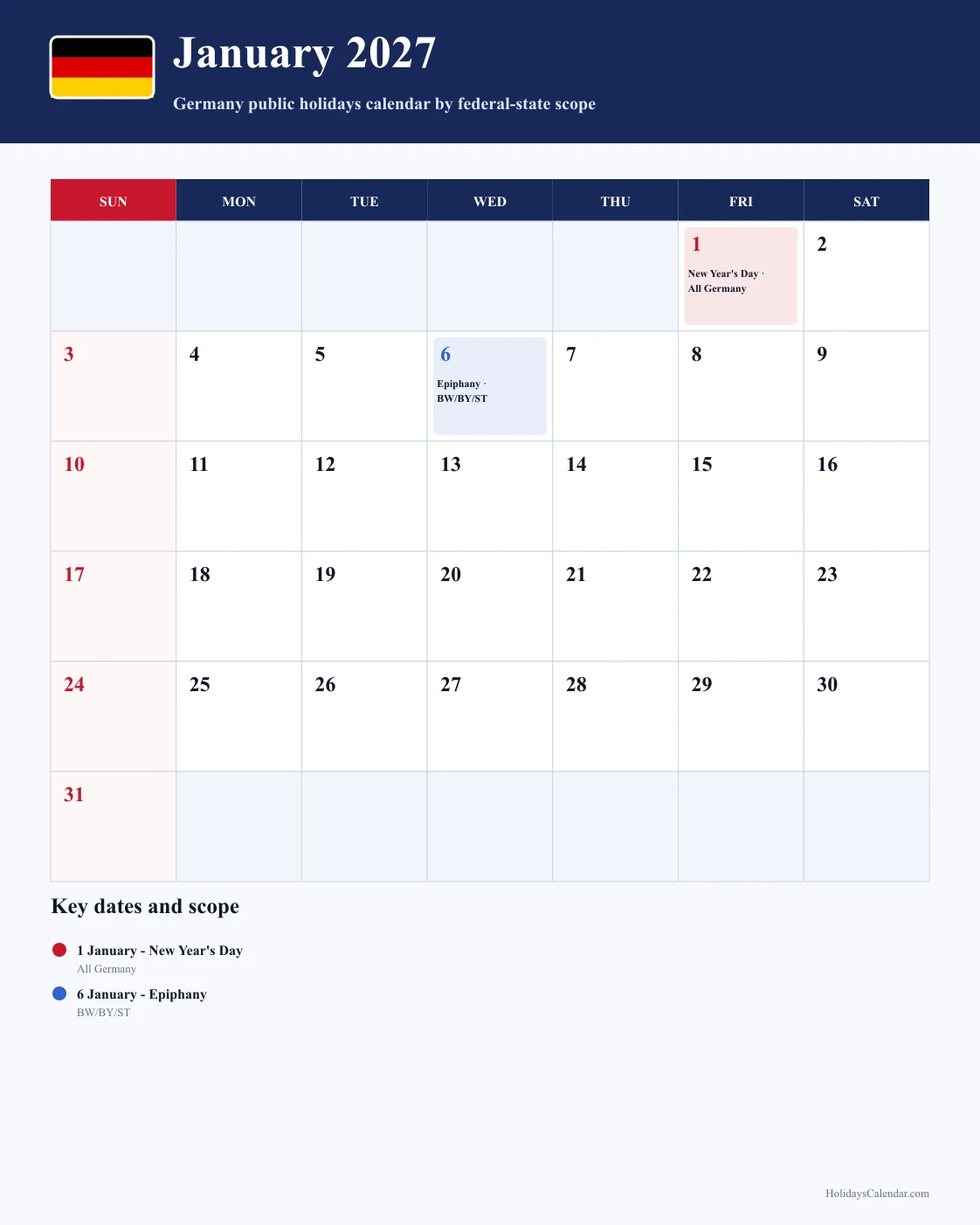 Germany January 2027 Public Holidays Calendar Germany public holidays January 2027 calendar with New Year's Day (all 16 federal states) and Epiphany (BW/BY/ST)