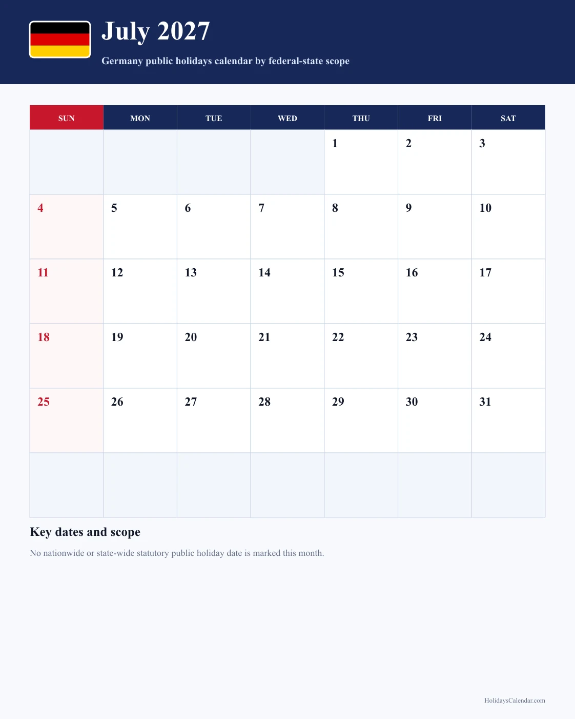 Germany July 2027 Public Holidays Calendar Germany public holidays July 2027 calendar with no nationwide or state-wide statutory holiday date marked