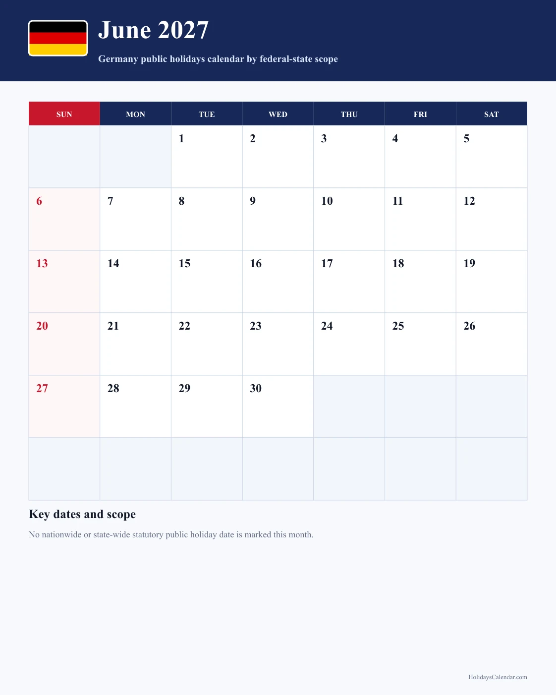 Germany June 2027 Public Holidays Calendar Germany public holidays June 2027 calendar with no nationwide or state-wide statutory holiday date marked