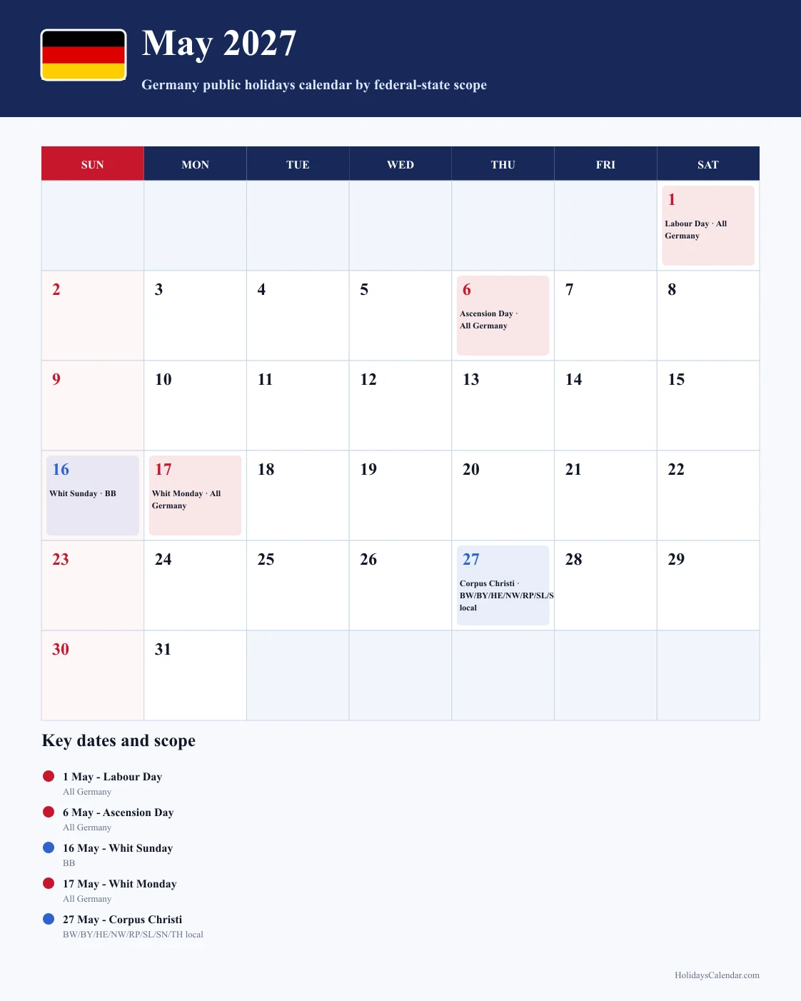 Germany May 2027 Public Holidays Calendar Germany public holidays May 2027 calendar with Labour Day (all 16 federal states), Ascension Day (all 16 federal states), and Whit Sunday (BB) and 3 additional regional entry
