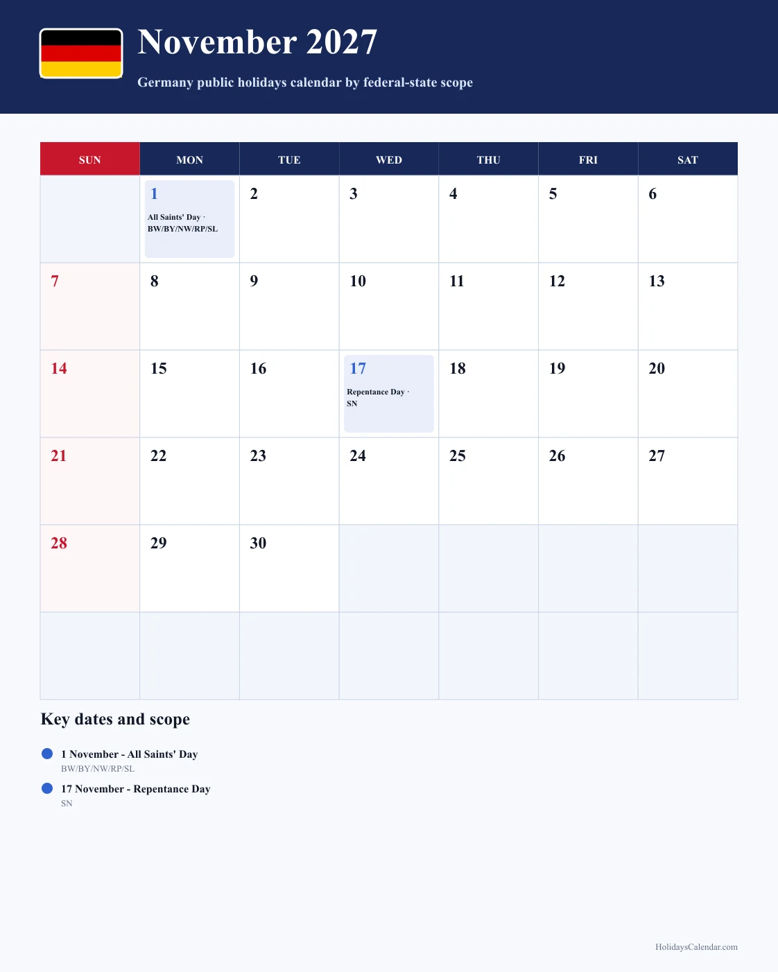 Germany November 2027 Public Holidays Calendar Germany public holidays November 2027 calendar with All Saints' Day (BW/BY/NW/RP/SL) and Repentance and Prayer Day (SN)