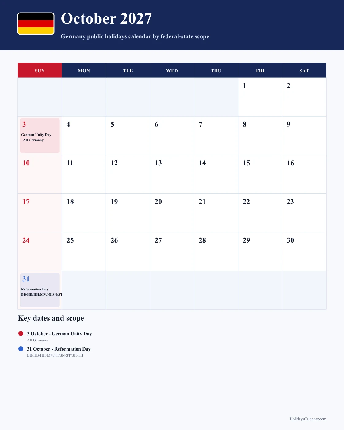 Germany October 2027 Public Holidays Calendar Germany public holidays October 2027 calendar with German Unity Day (all 16 federal states) and Reformation Day (BB/HB/HH/MV/NI/SN/ST/SH/TH)