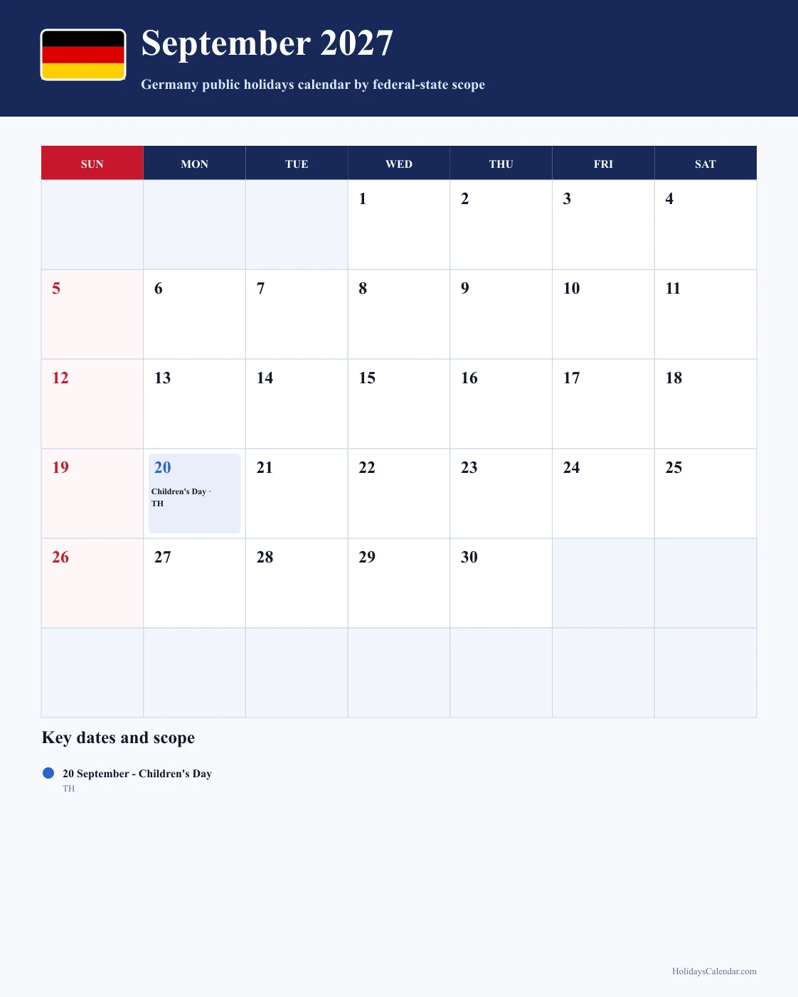 Germany September 2027 Public Holidays Calendar Germany public holidays September 2027 calendar with World Children's Day (TH)