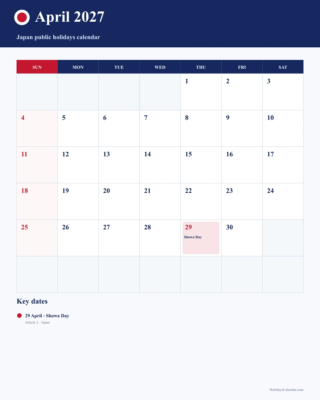 Japan April 2027 Public Holidays Calendar Japan public holidays April 2027 calendar image with Showa Day highlighted