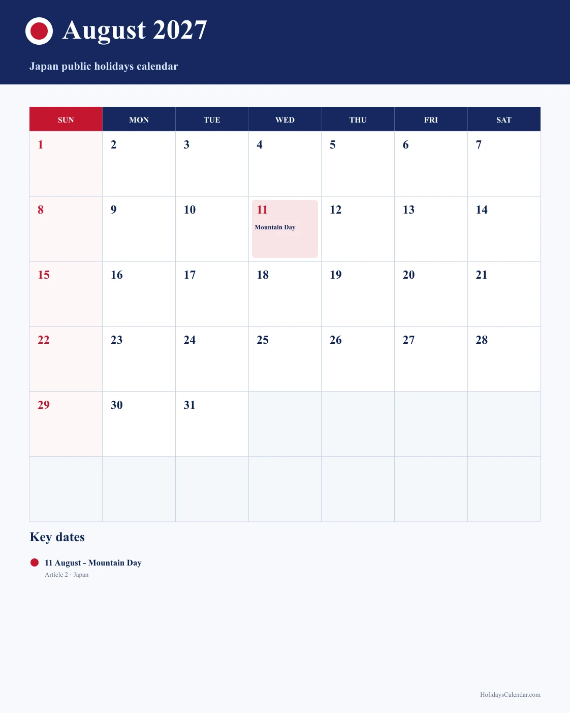 Japan August 2027 Public Holidays Calendar Japan public holidays August 2027 calendar image with Mountain Day highlighted