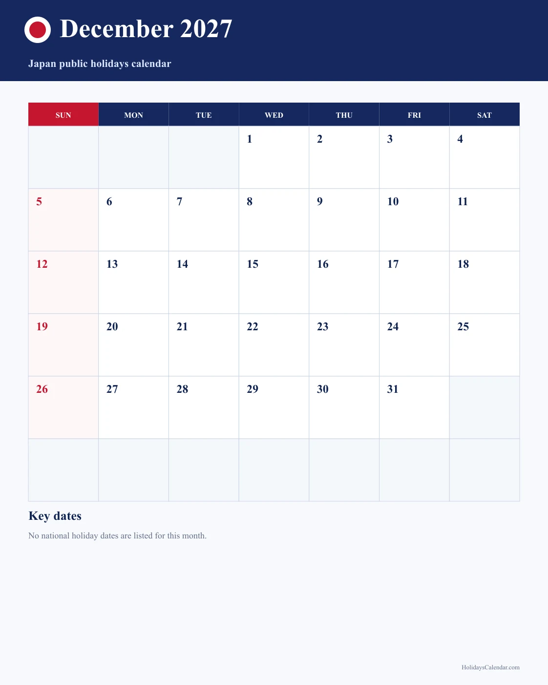 Japan December 2027 Public Holidays Calendar Japan public holidays December 2027 calendar image with no national holiday dates marked