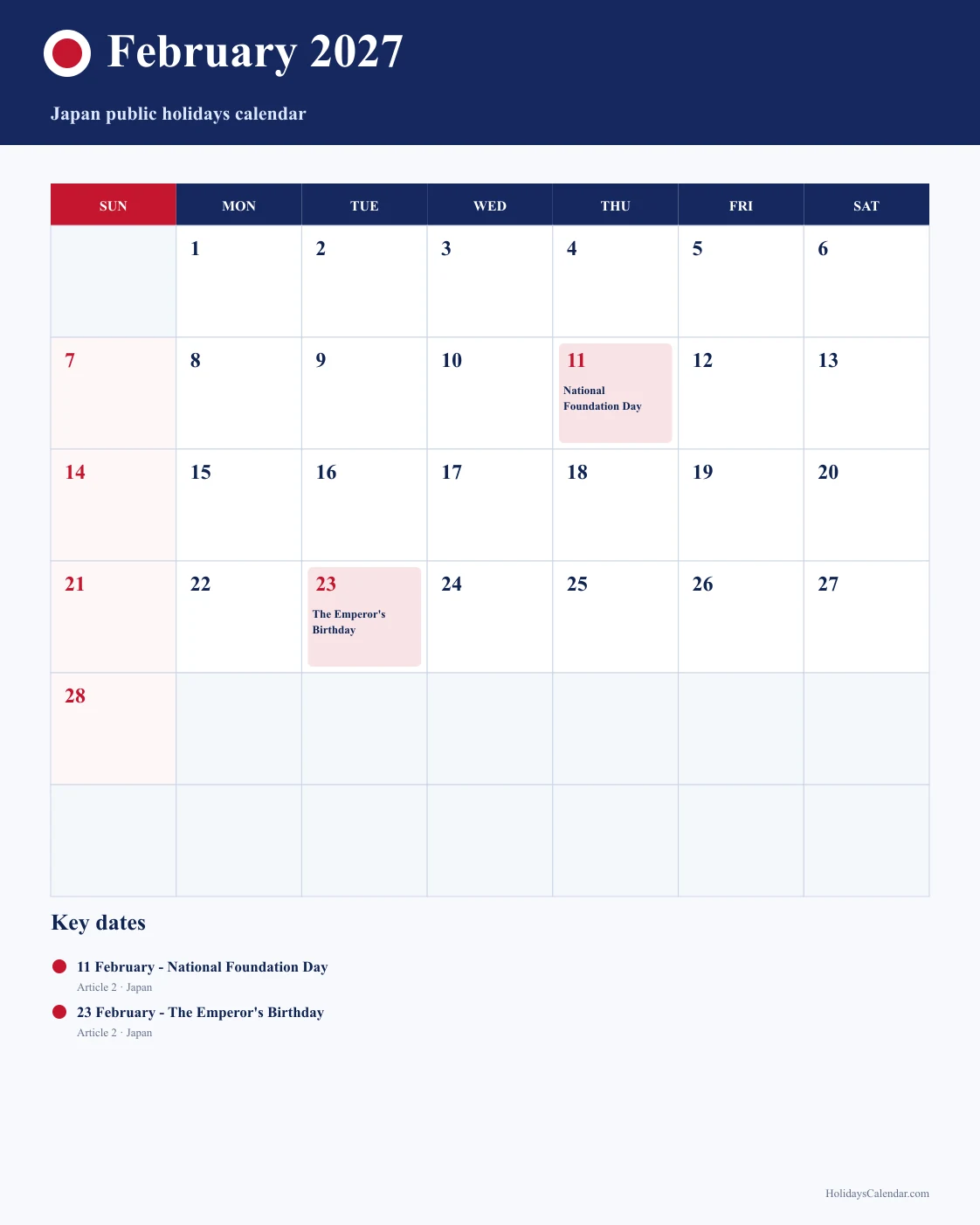 Japan February 2027 Public Holidays Calendar Japan public holidays February 2027 calendar image with National Foundation Day and The Emperor's Birthday highlighted